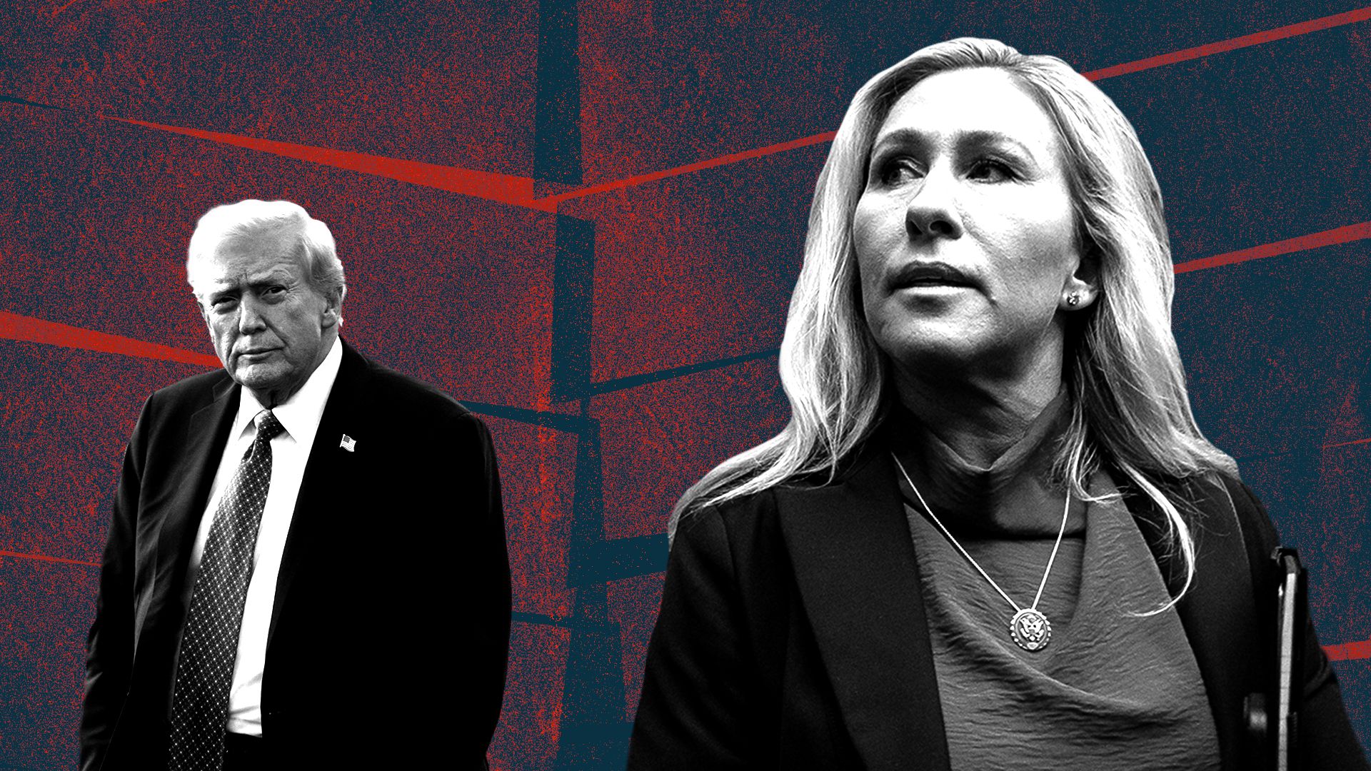 Photo illustration of Donald Trump and Marjorie Taylor Greene facing away from but looking toward each other. over a background of skewed red and blue rectangles butting up against one another.