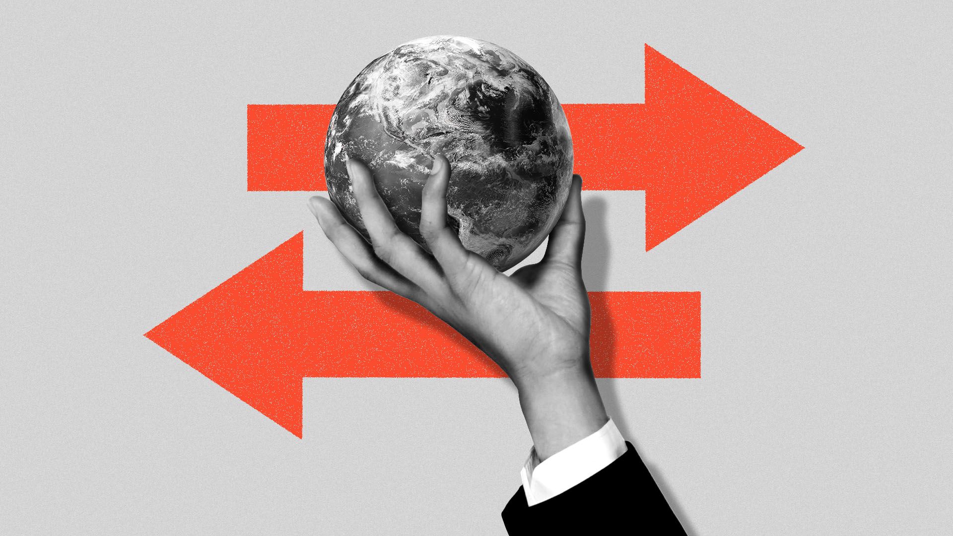 Illustration of a hand holding the globe, with two arrows going in different directions