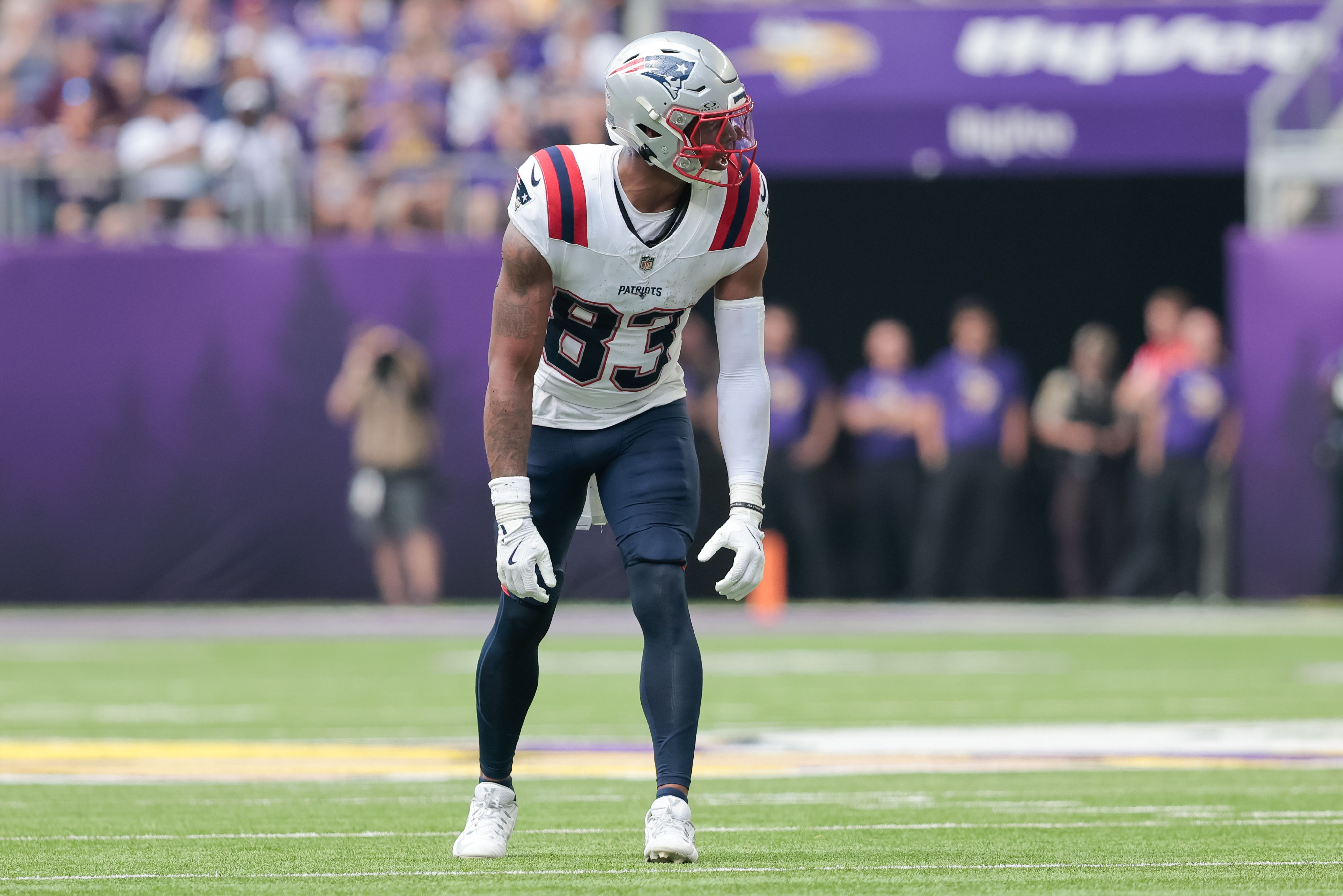 New England Patriots wide receiver John Jiles (83) lines up for a play during the NFL preseason game between the New England Patriots and Minnesota Vikings on August 16th, 2025, in Minneapolis, MN. (Photo by Bailey Hillesheim/Icon Sportswire via Getty Images)