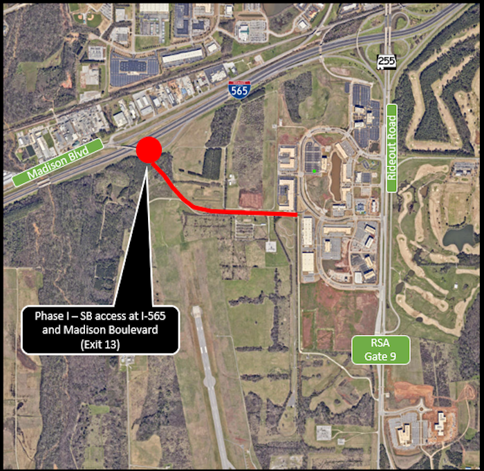 An overhead map shows the route of a new road project called Resolute way in Madison County, Alabama near Redstone Arsenal.