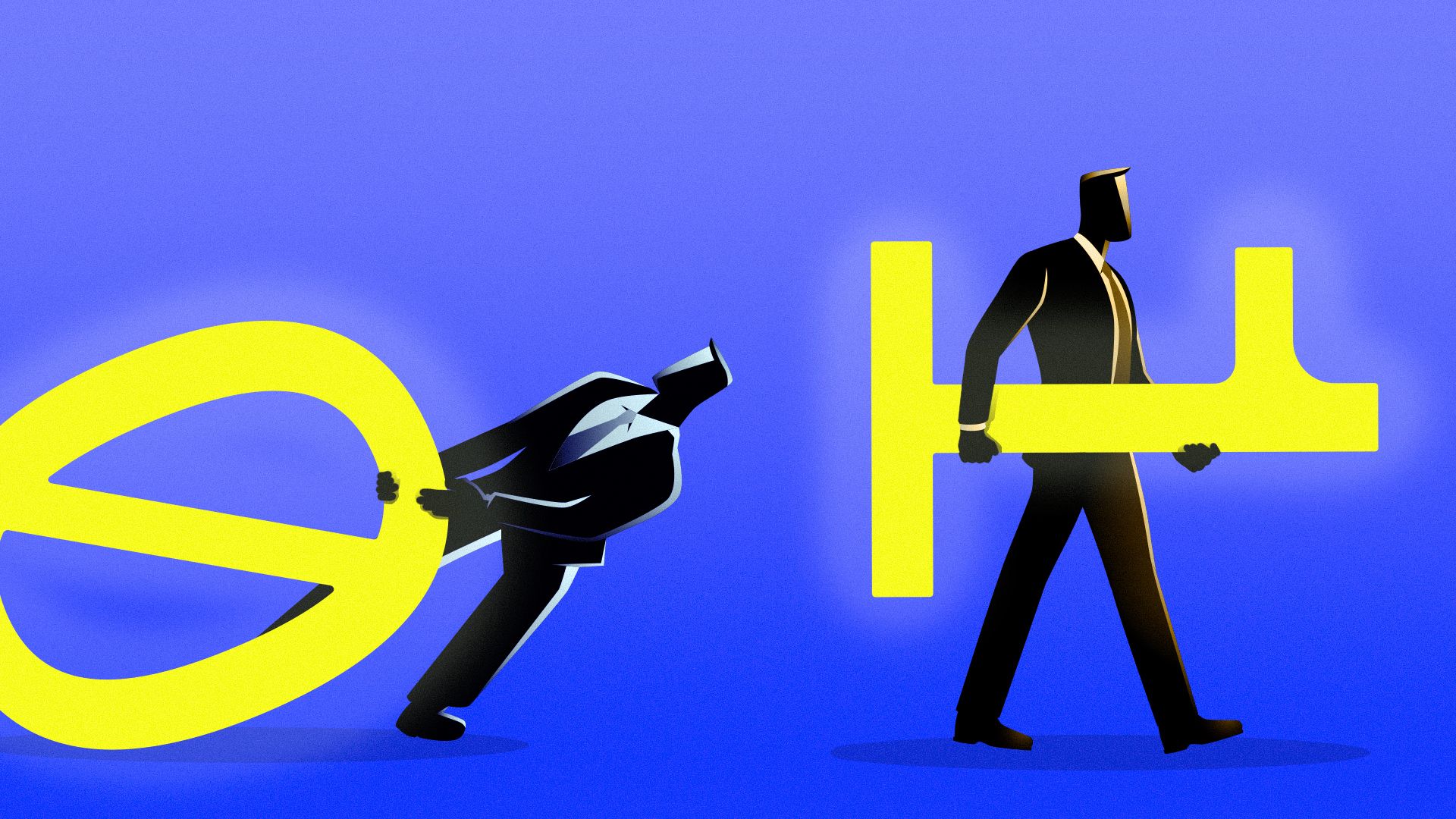 Illustration of two business people, one easily carrying a binary number "1" and the other struggling with a binary "0".