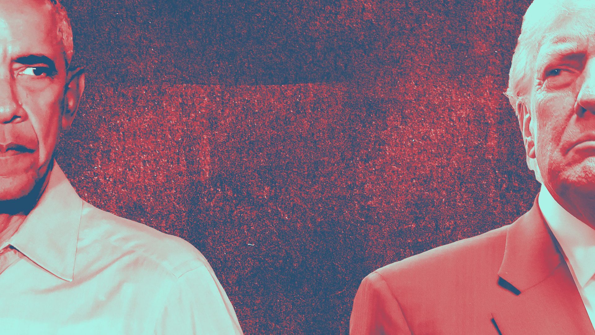 Photo illustration of Barack Obama and Donald Trump facing away from each other and looking at each other out of the corner of their eyes.