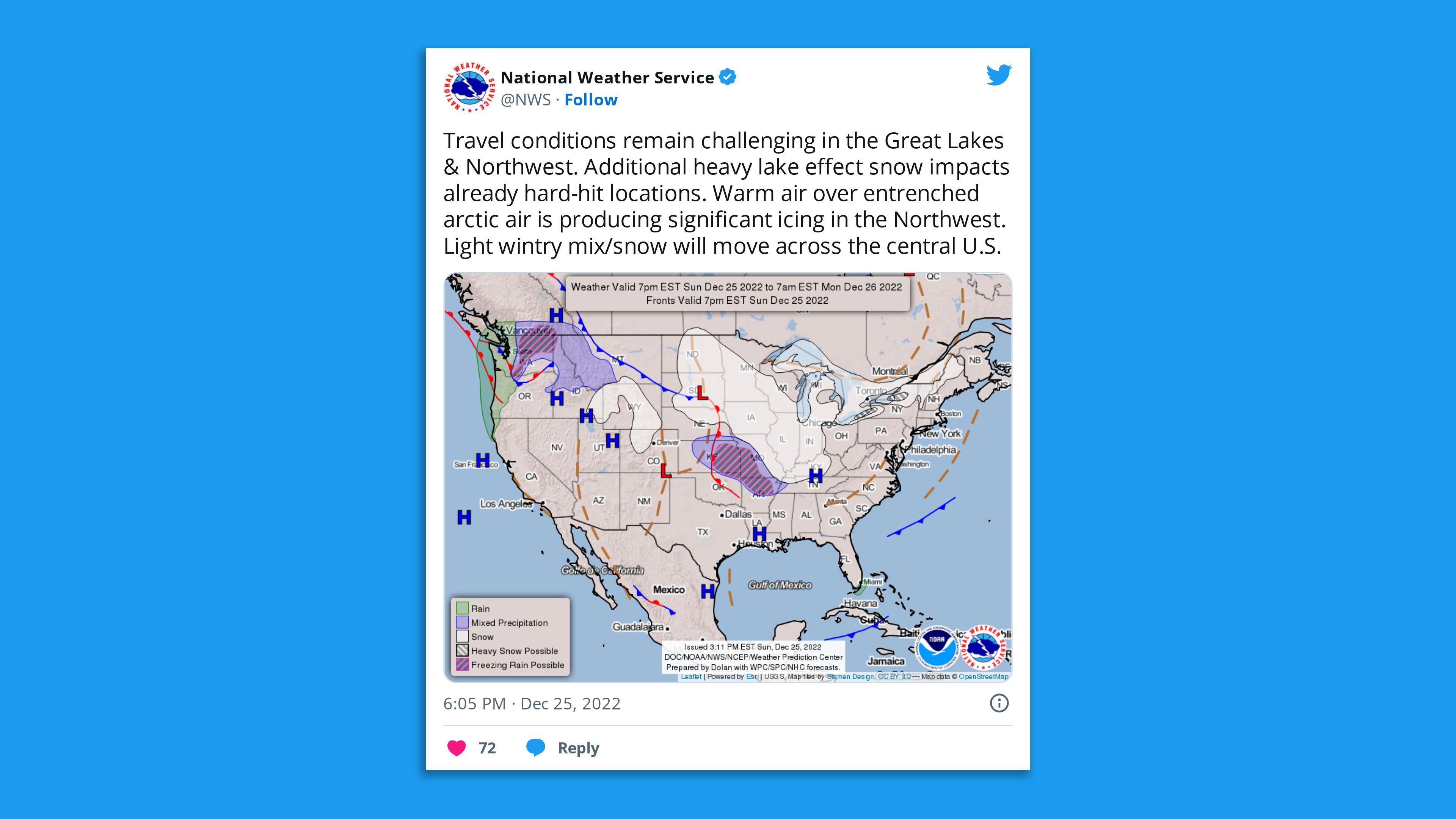 A screenshot of an NWS tweet stating "Travel conditions remain challenging in the Great Lakes & Northwest. Additional heavy lake effect snow impacts already hard-hit locations."