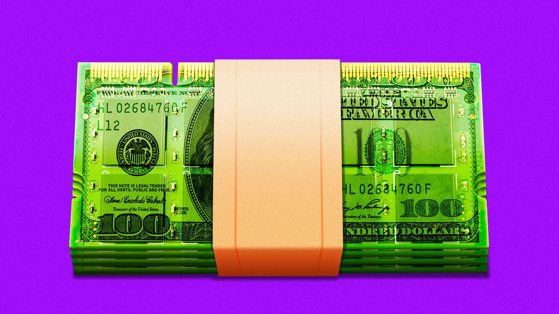 An illustration of a stack of $100 bills that also resemble semiconductors