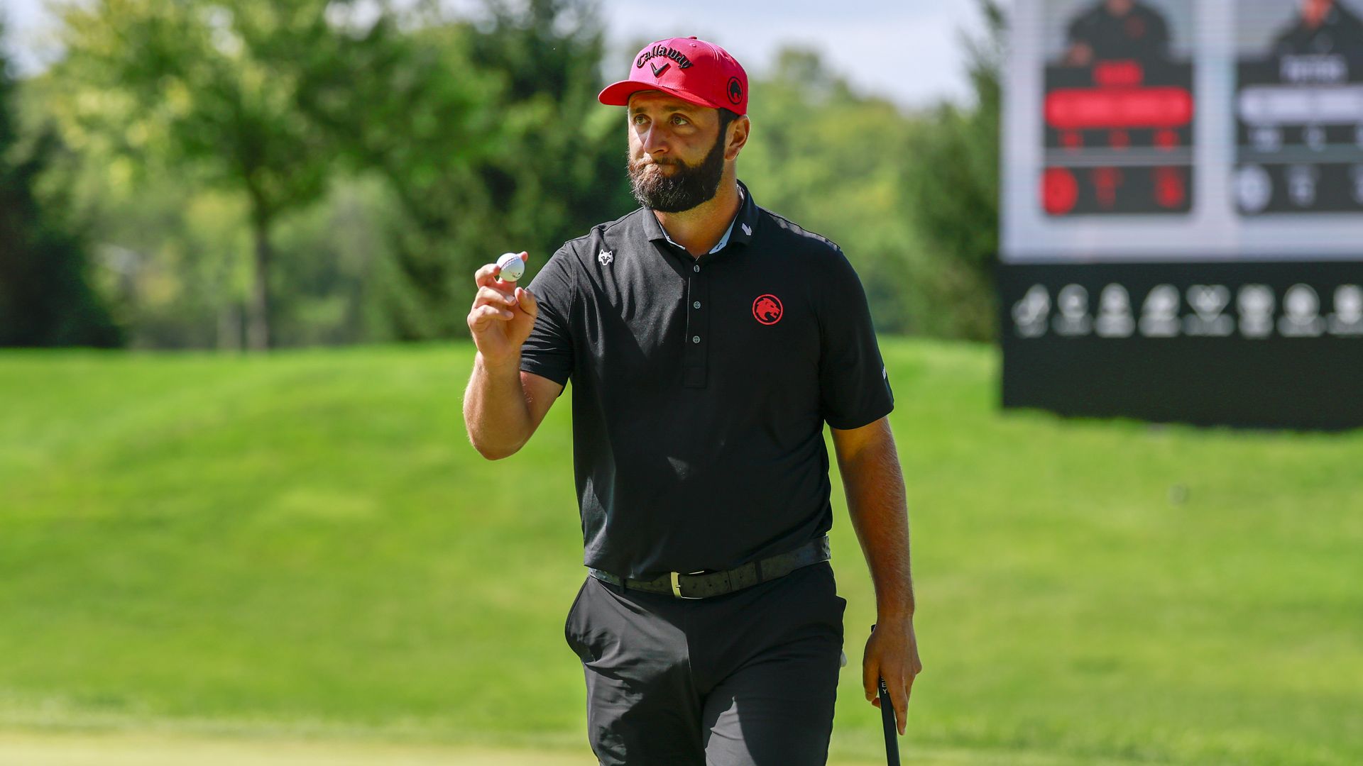 Bearded person in a black polo shirt and red cap holds a golf ball on a sunny course, with a blurry scoreboard in the background.