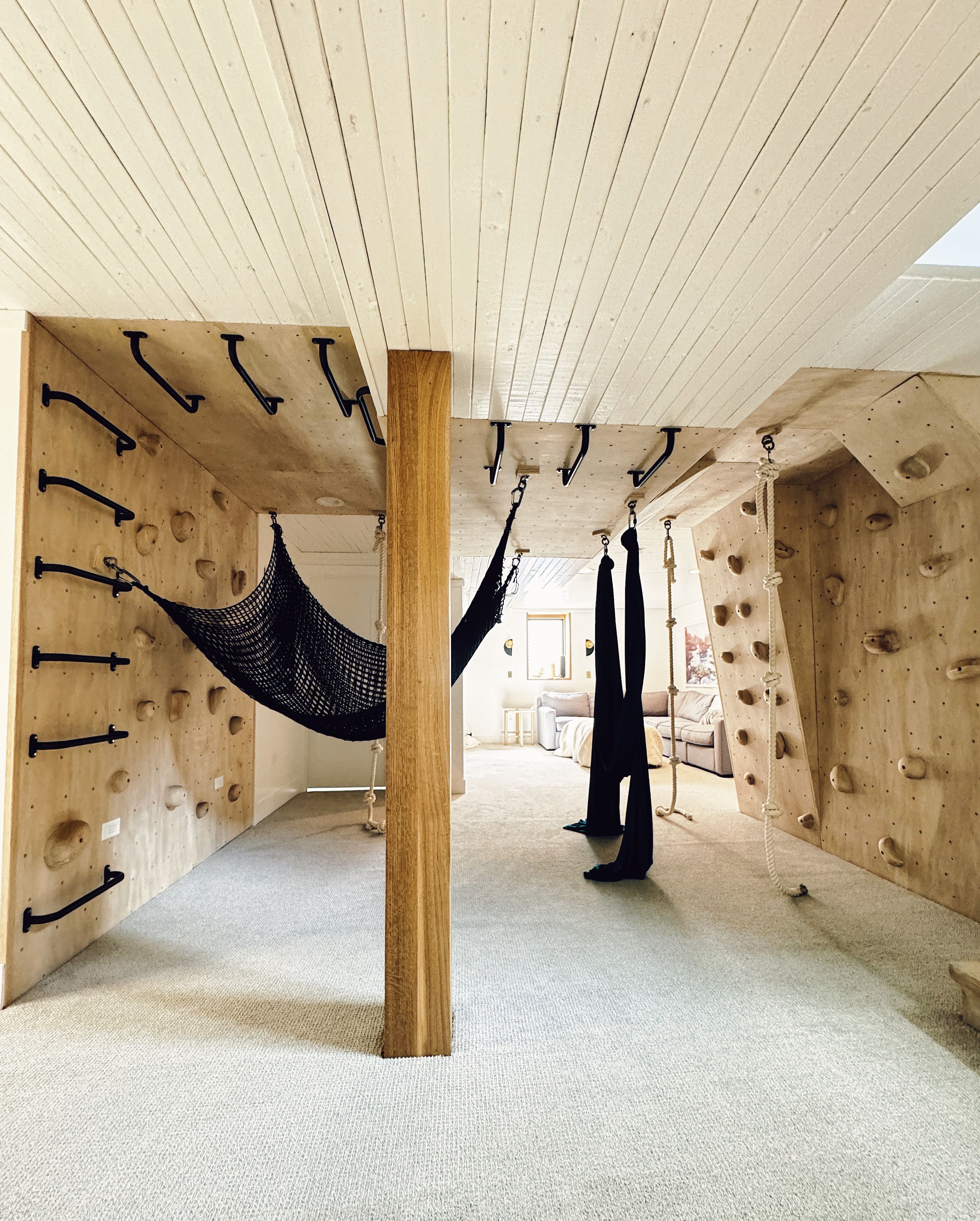 basement jungle gym with couches in the background