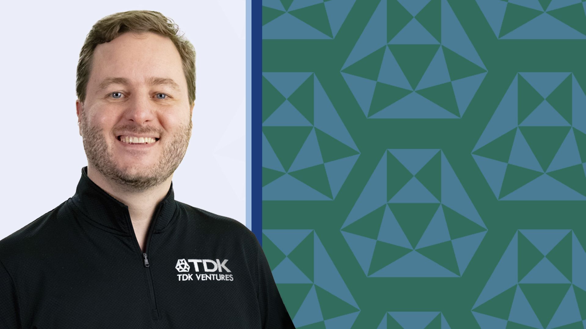 Photo illustration of President of TDK Ventures, Nicolas Sauvage with a pattern of TDK logos