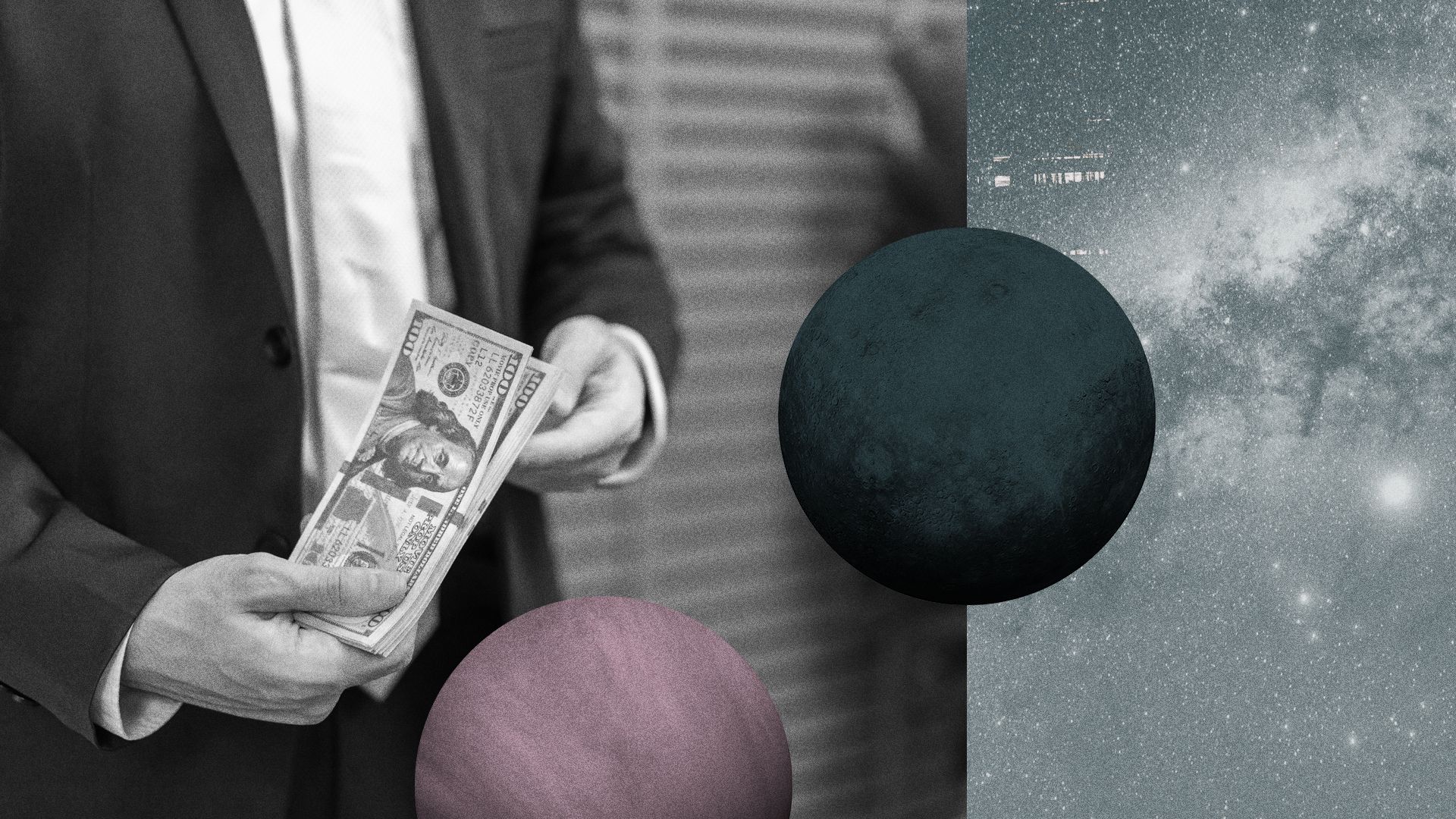 Photo illustration of a person handling money surrounded by space images. 