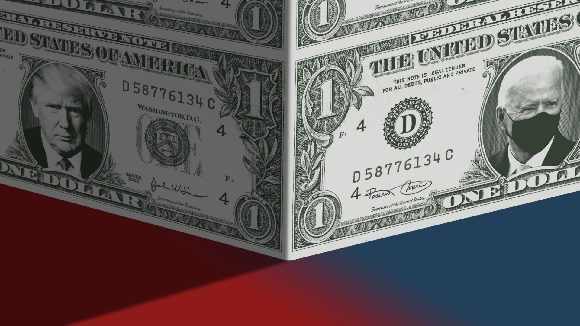 Photo illustration of a one-dollar bill with former president Donald Trump's face on it, perpendicular to a bill with President Joe Biden's face on it.