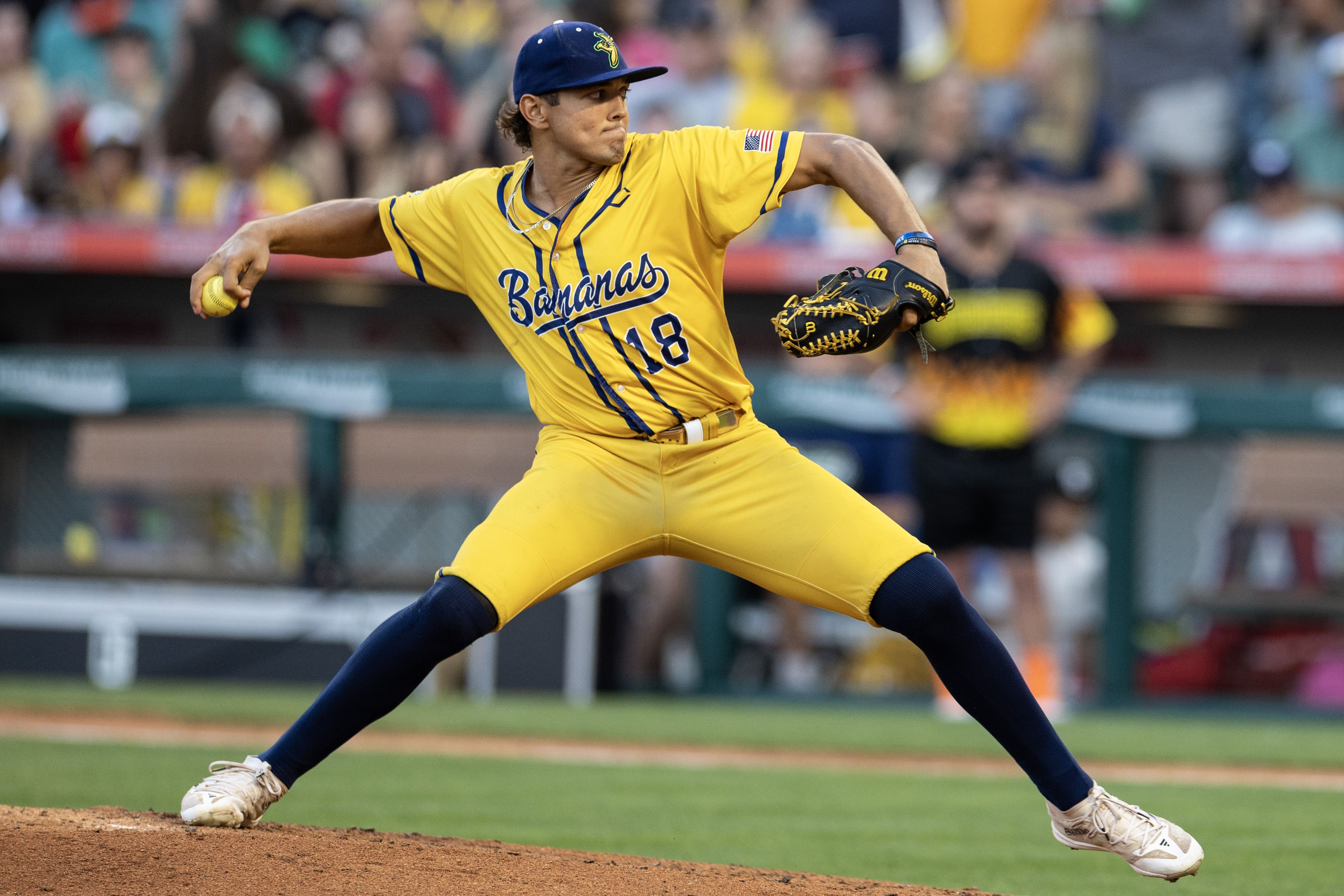 Anaheim, CA - May 30: The Savannah Bananas' Danny Hosley pitches against the Firefighters at Angel Stadium on Friday, May 30, 2025 in Anaheim, CA. (Photo by Luke Johnson/Los Angeles Times via Getty Images)

