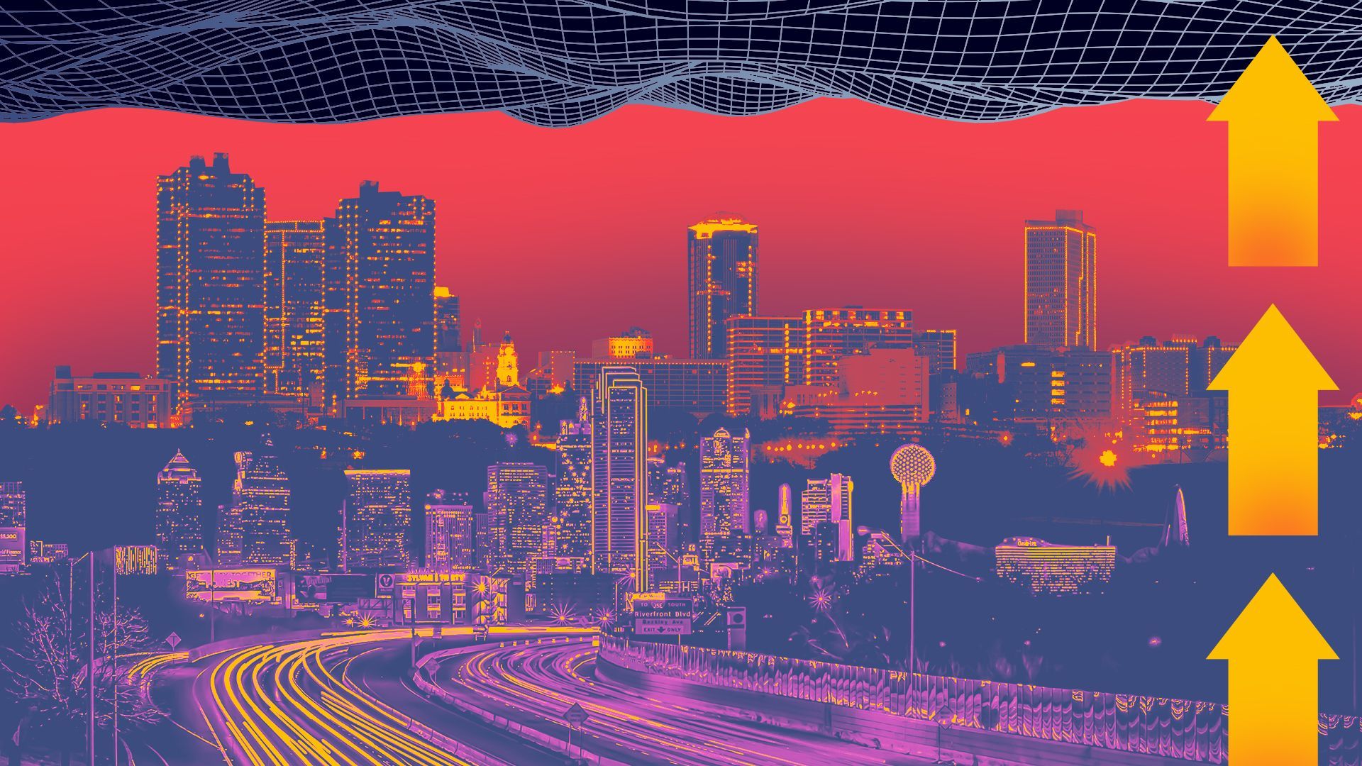 Illustration of the skylines of Dallas and Fort Worth with abstract wire frame shapes and upward arrows.