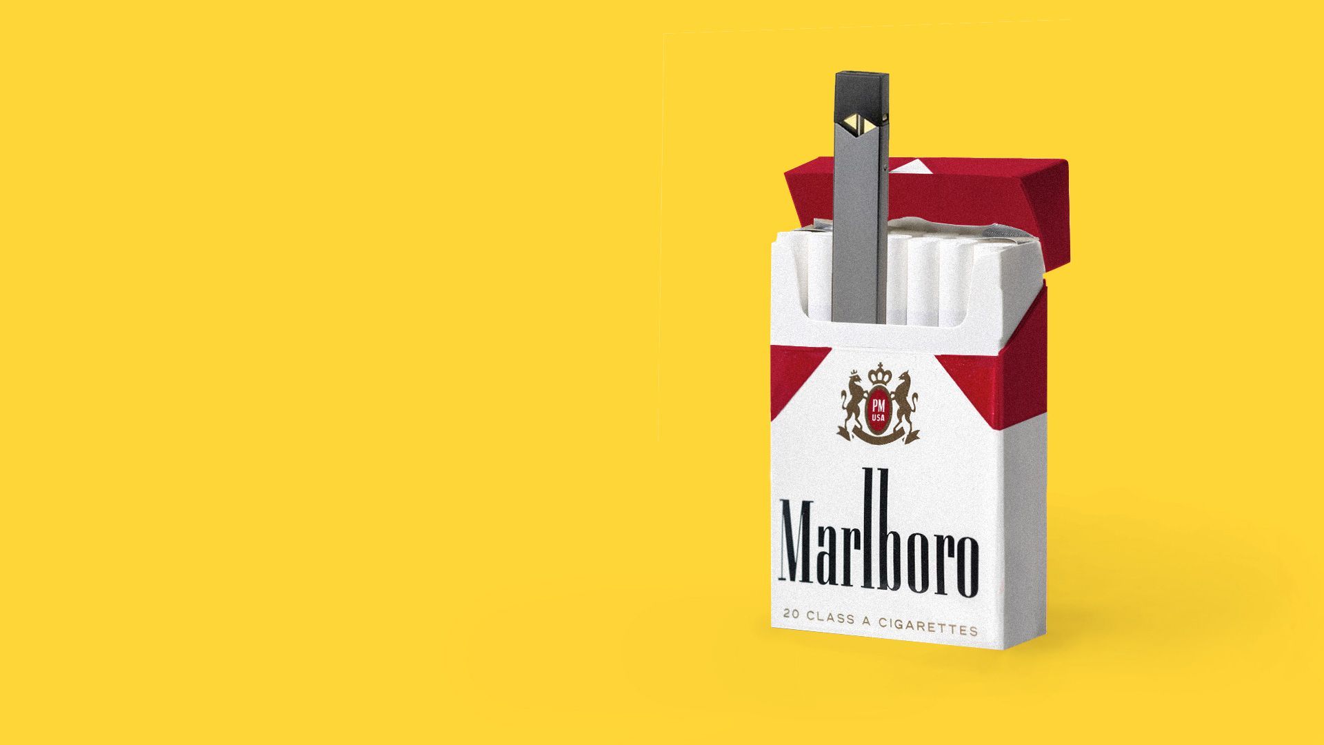 Illustration of Juul vape sticking out of a pack of Marlboro cigarettes.