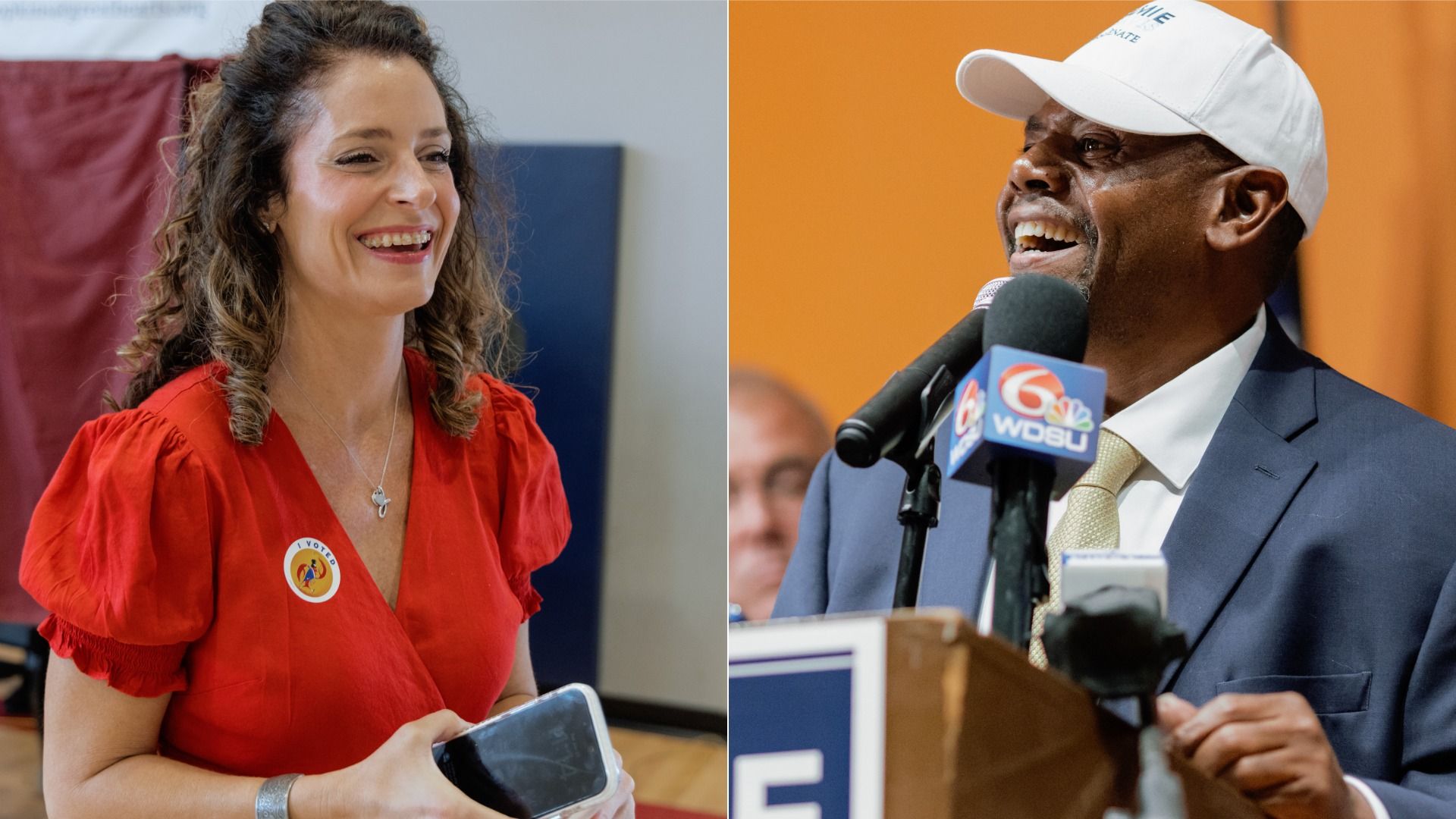A woman smiles while holding her phone, at left. A man wearing a hat speaks into microphones at a podium at right.