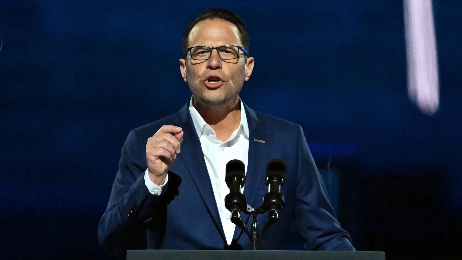 Pennsylvania Governor Josh Shapiro speaks ahead of US Vice President and Democratic presidential candidate Kamala Harris during a campaign rally on the Benjamin Franklin Parkway in Philadelphia, Pennsylvania on November 4, 2024. 