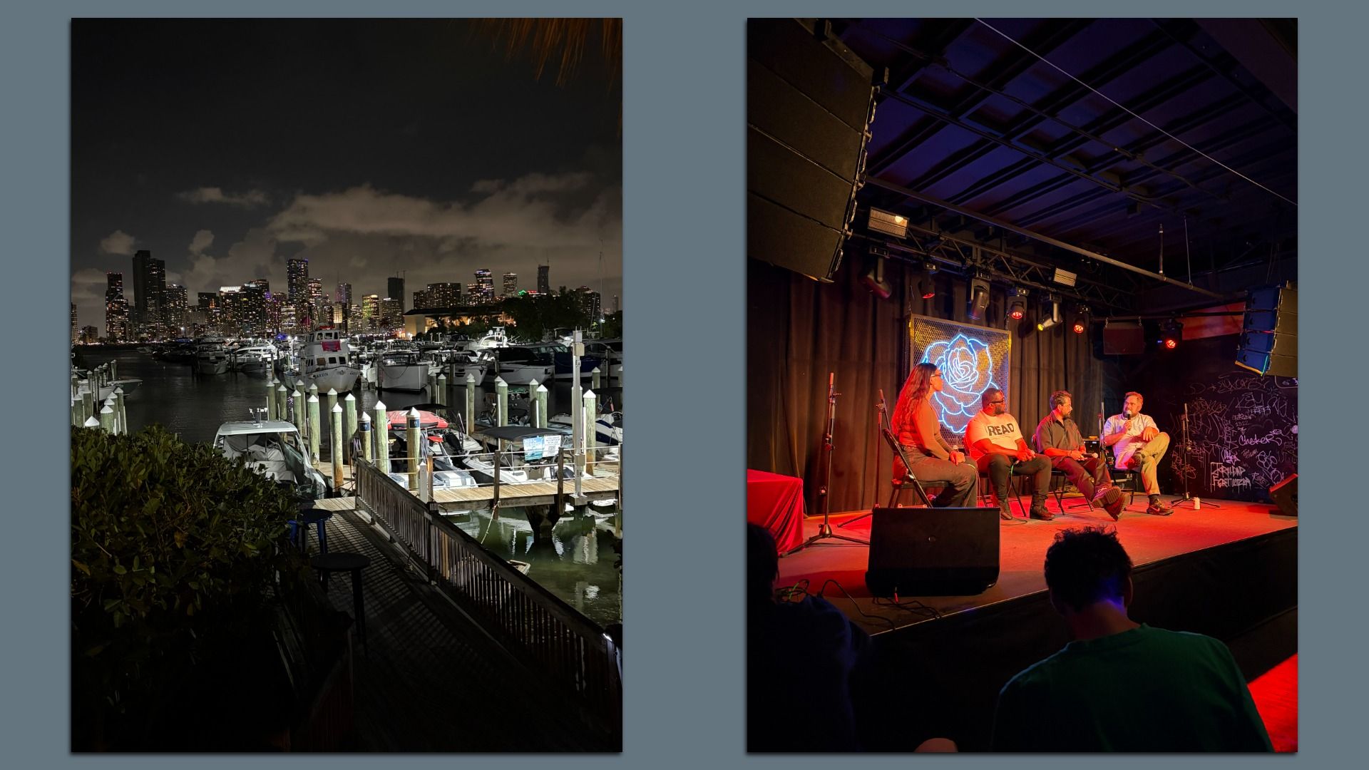 Two-panel night scene: left a lit city skyline over a marina with boats; right a panel discussion on stage with four people, under red/purple lighting and a neon rose backdrop.