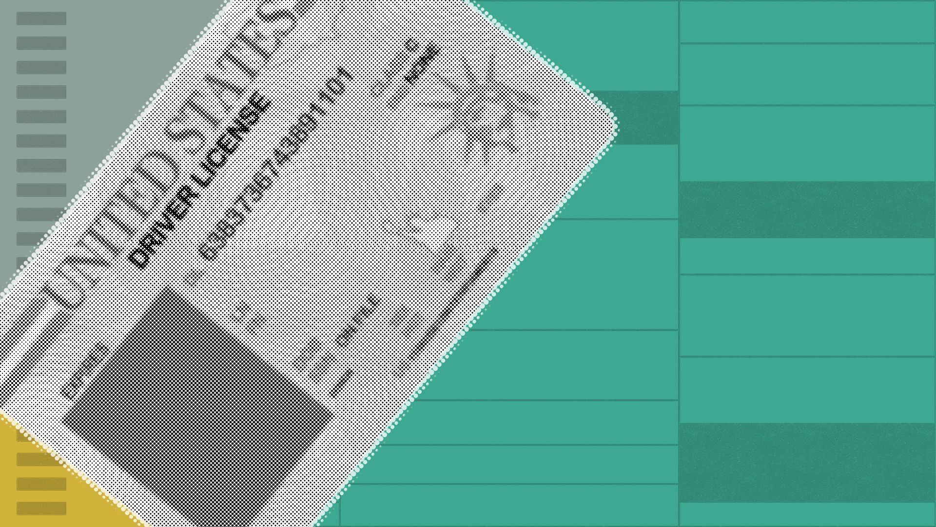Illustration of a driver's license contrasted with abstract ballot shapes. 