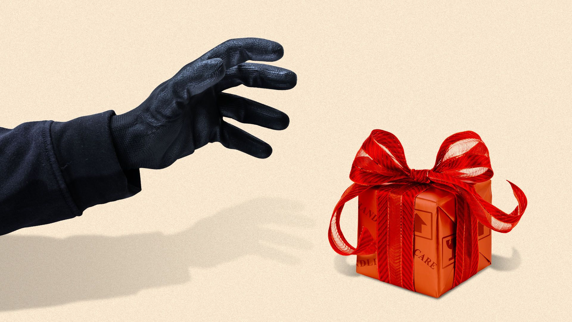 Illustration of a holiday gift covered in package delivery stamps with a gloved hand about to grab it