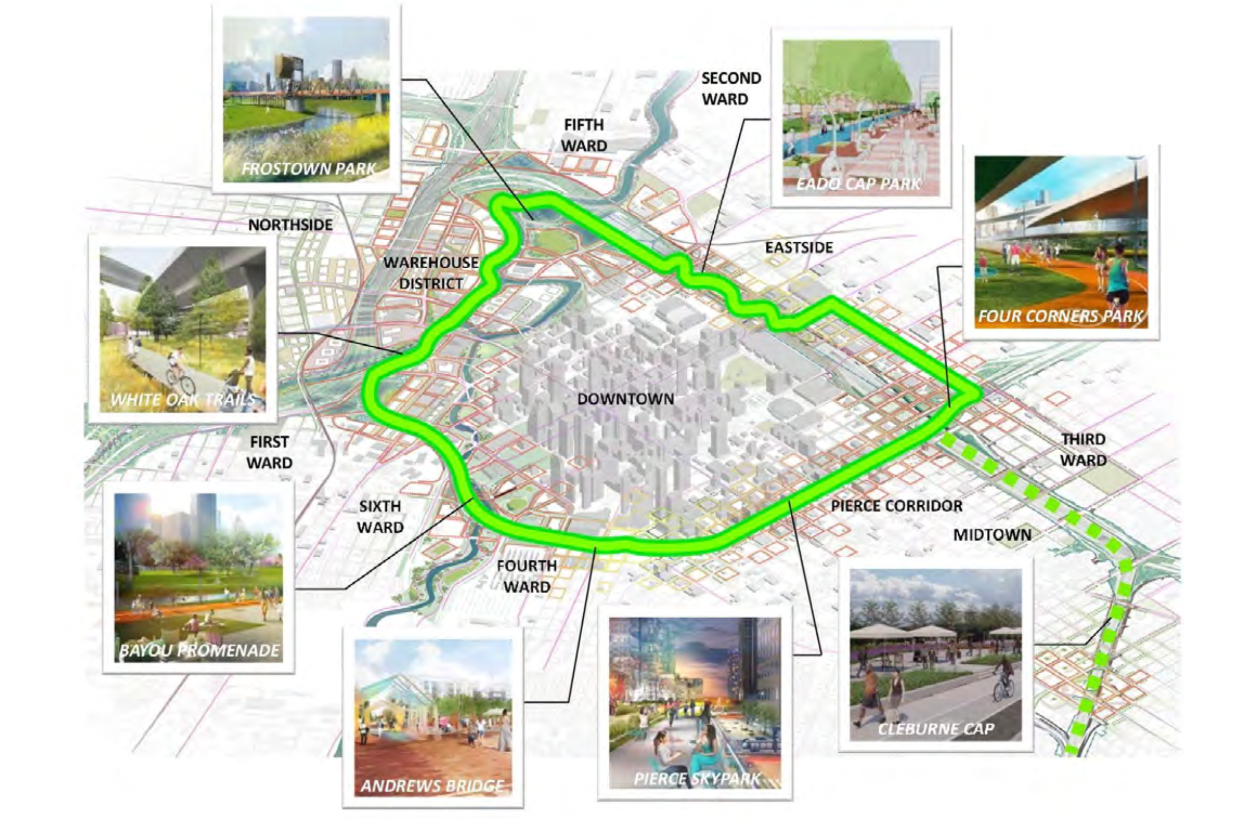 Map of a proposed green loop around downtown Houston. 