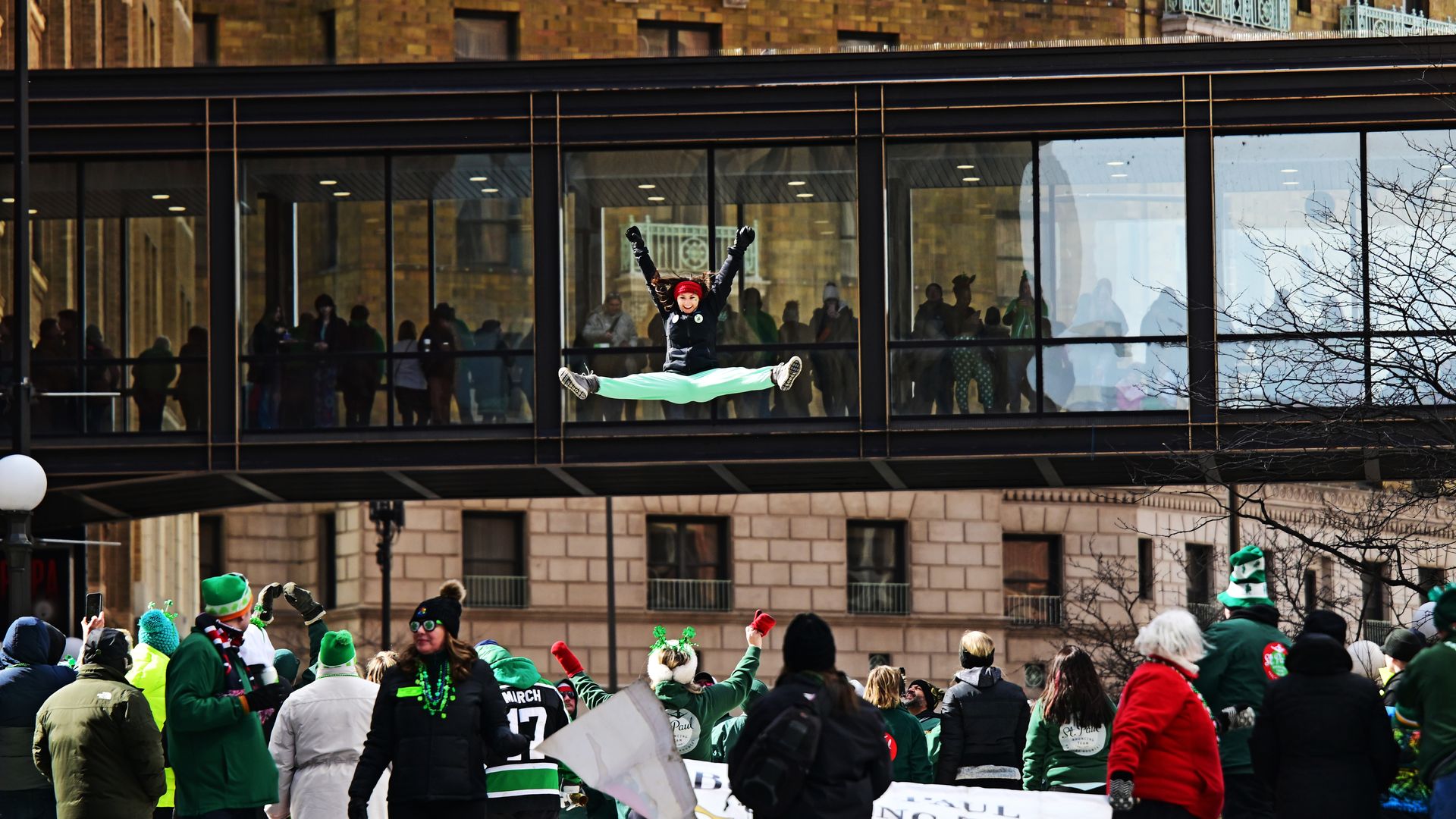 17: The St. Paul Bouncing Team performs during the St. Patrick's Day parade in downtown St. Paul, Minn. on Friday, March 17, 2023. (John Autey / MediaNews Group / St. Paul Pioneer Press via Getty Images)