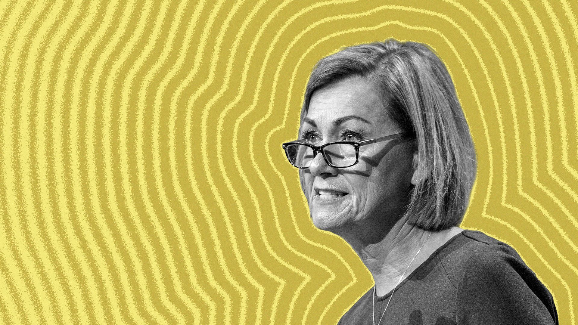 Photo illustration of Iowa Governor Kim Reynolds with lines radiating from her.