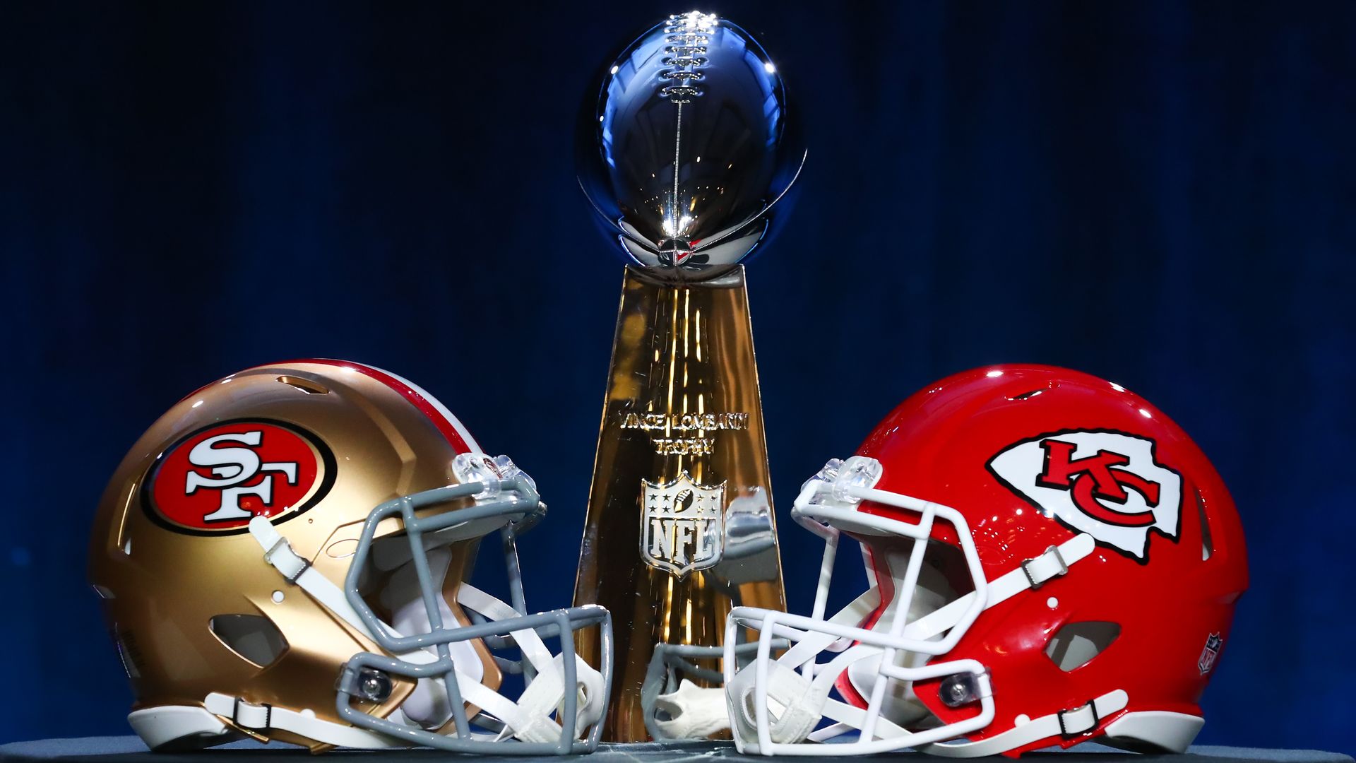 49ers and Chiefs helmets