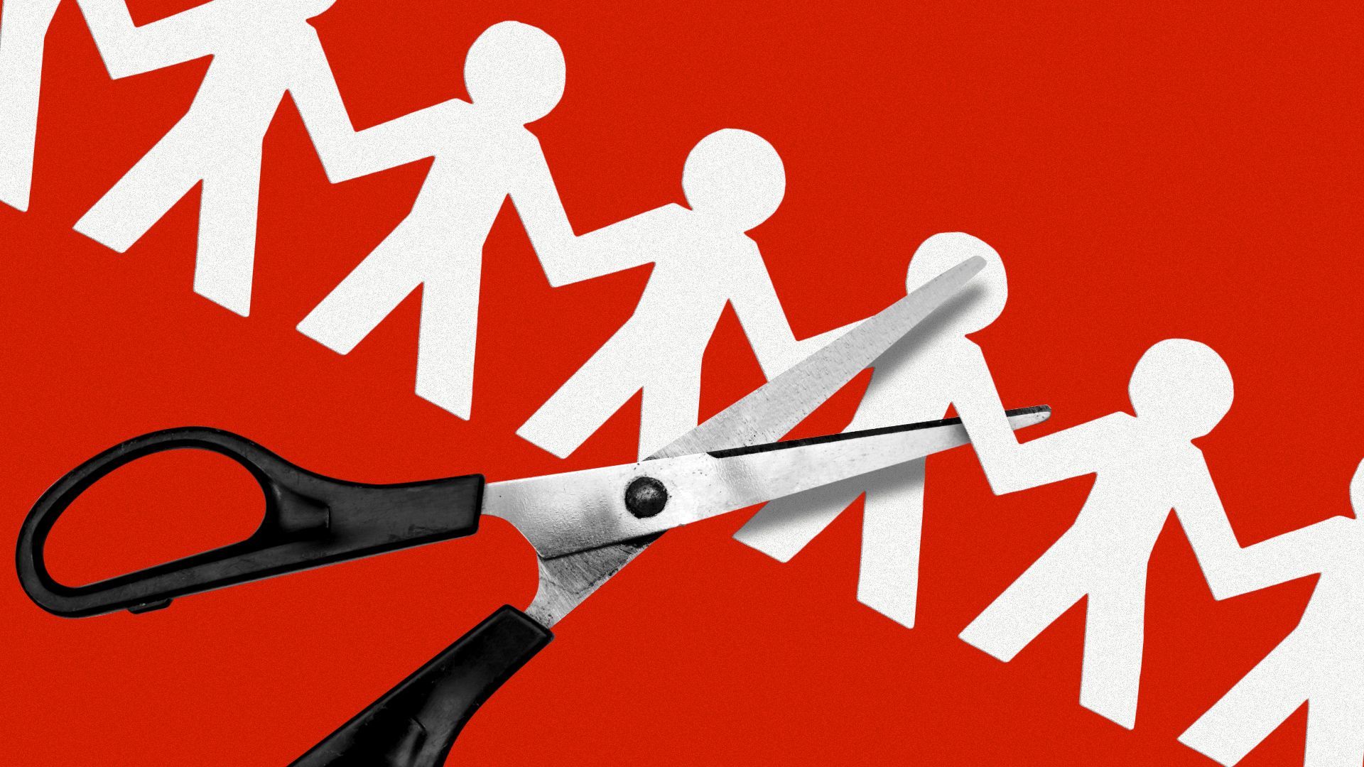 Illustration of a paper chain of people with scissors about to cut the chain.
