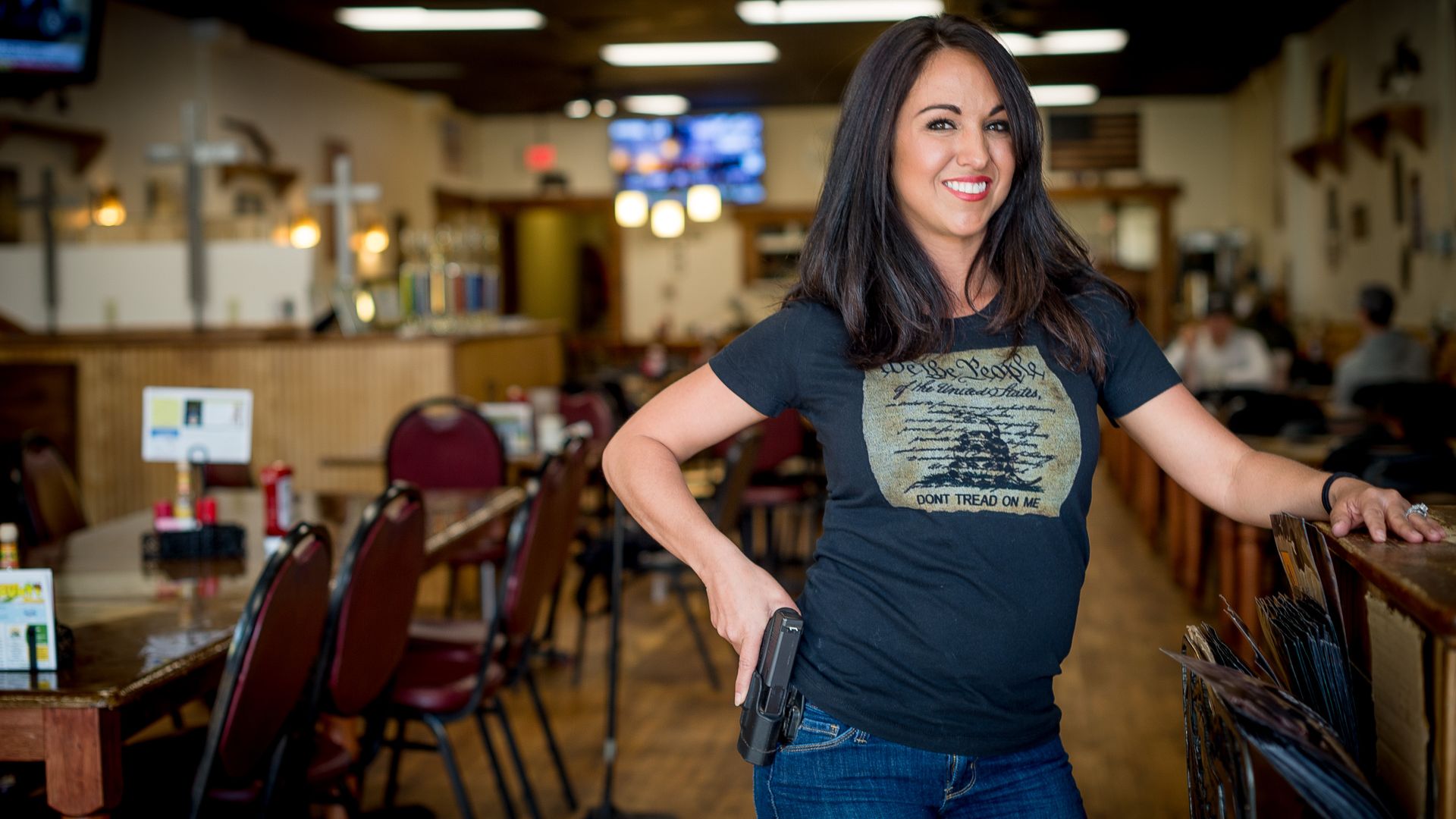 Lauren Boebert posing in her restaurant in Rifle, Colorado, on April 24.