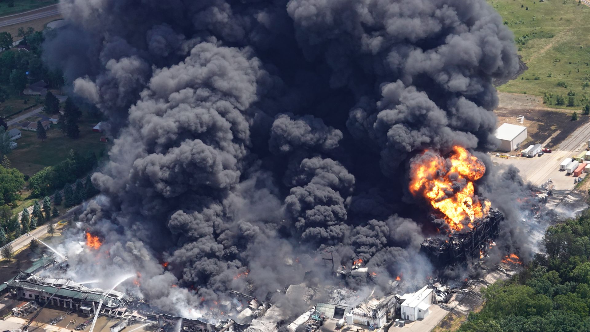 An industrial fire rages at Chemtool Inc. on June 14, 2021 in Rockton, Illinois