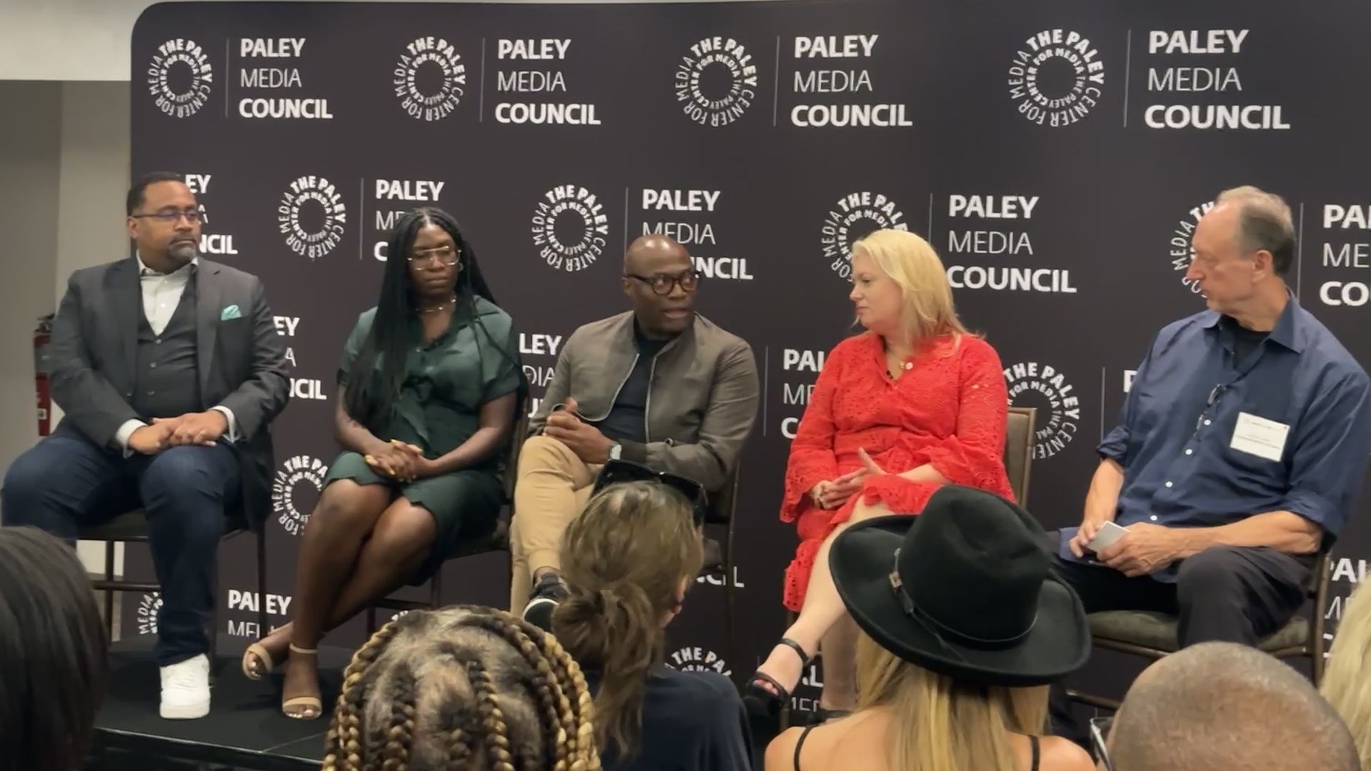 Meta’s Alvin Bowles, Retrospect’s Joy Ekuta, Gravillis Inc.’s Kenny Gravillis, MediaLink’s Lena Petersen, Integrated Media Company’s Jonathan Miller sitting in chair in front of a backdrop that says Paley Media Council