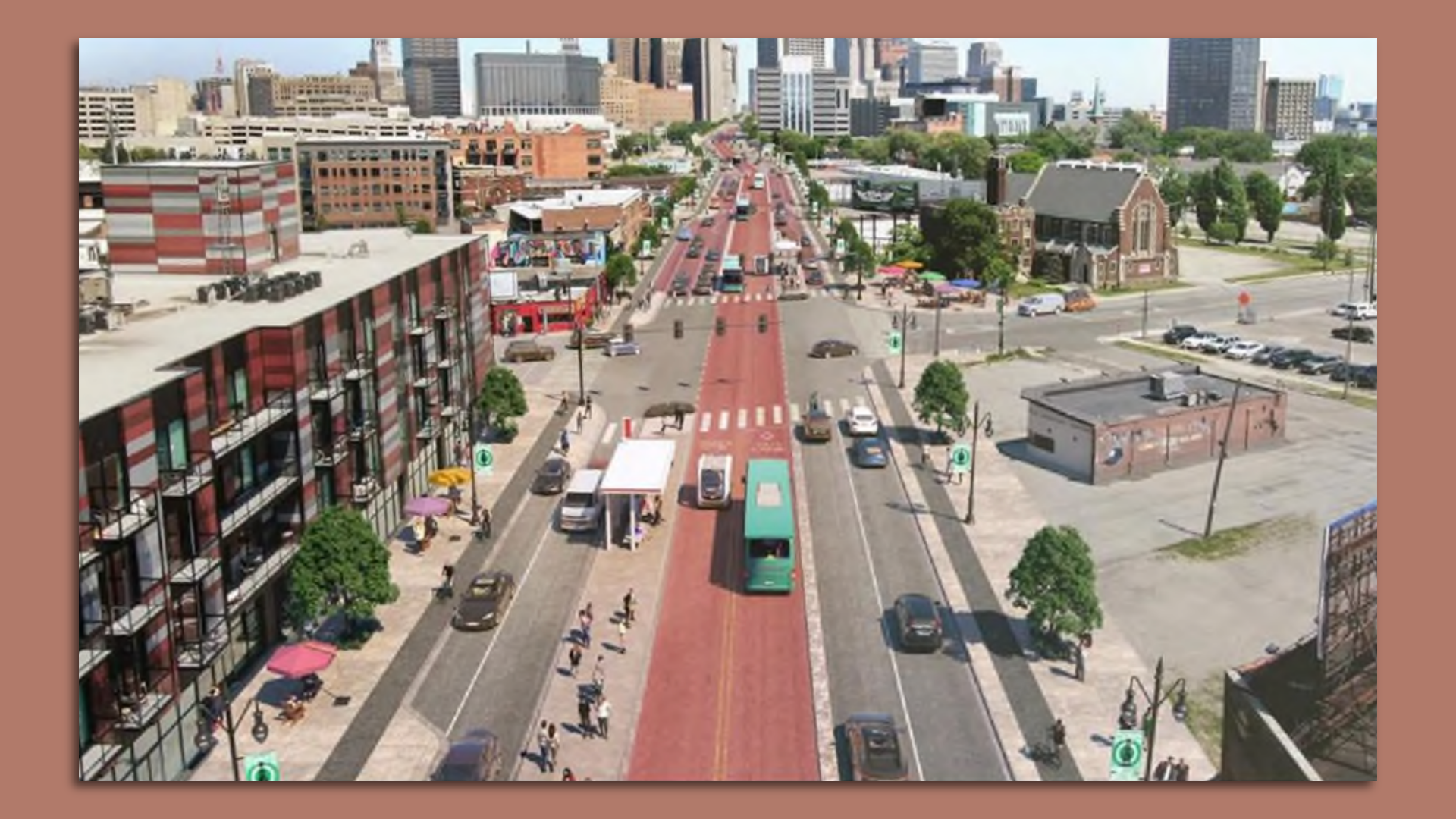 A rendering of a potential Michigan Avenue redesign in Corktown at Trumbull Street.