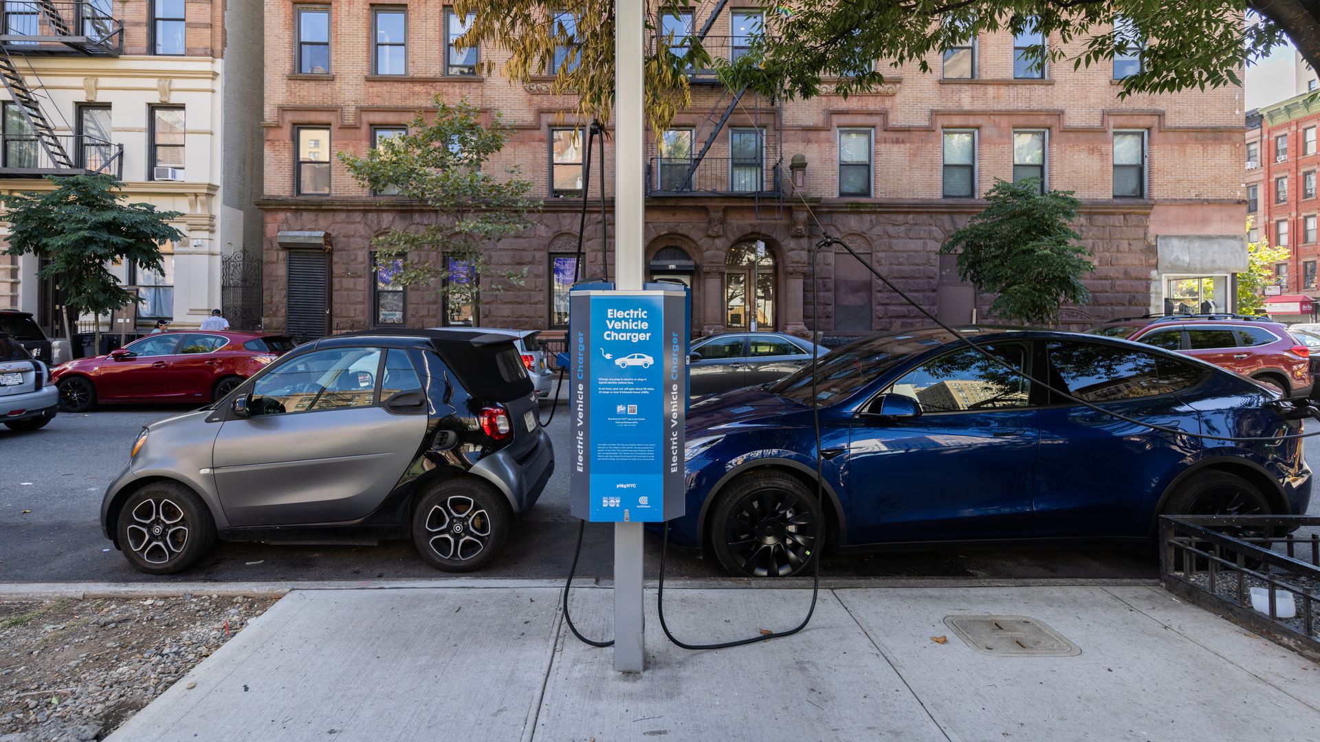 A curbside electric vehicle (EV) charger near New York City's Central Park.