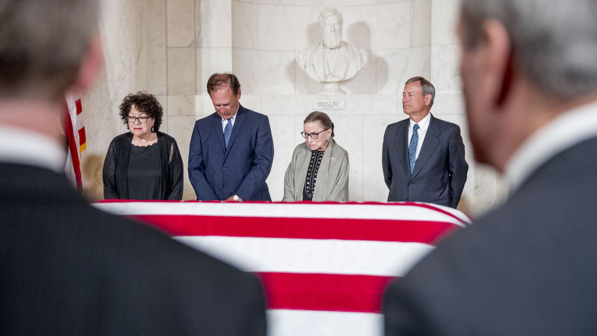 Associate Justice Sonia Sotomayor, Associate Justice Samuel Alito, Associate Justice Ruth Bader Ginsburg, and Chief Justice John Roberts participates in a moment of silence