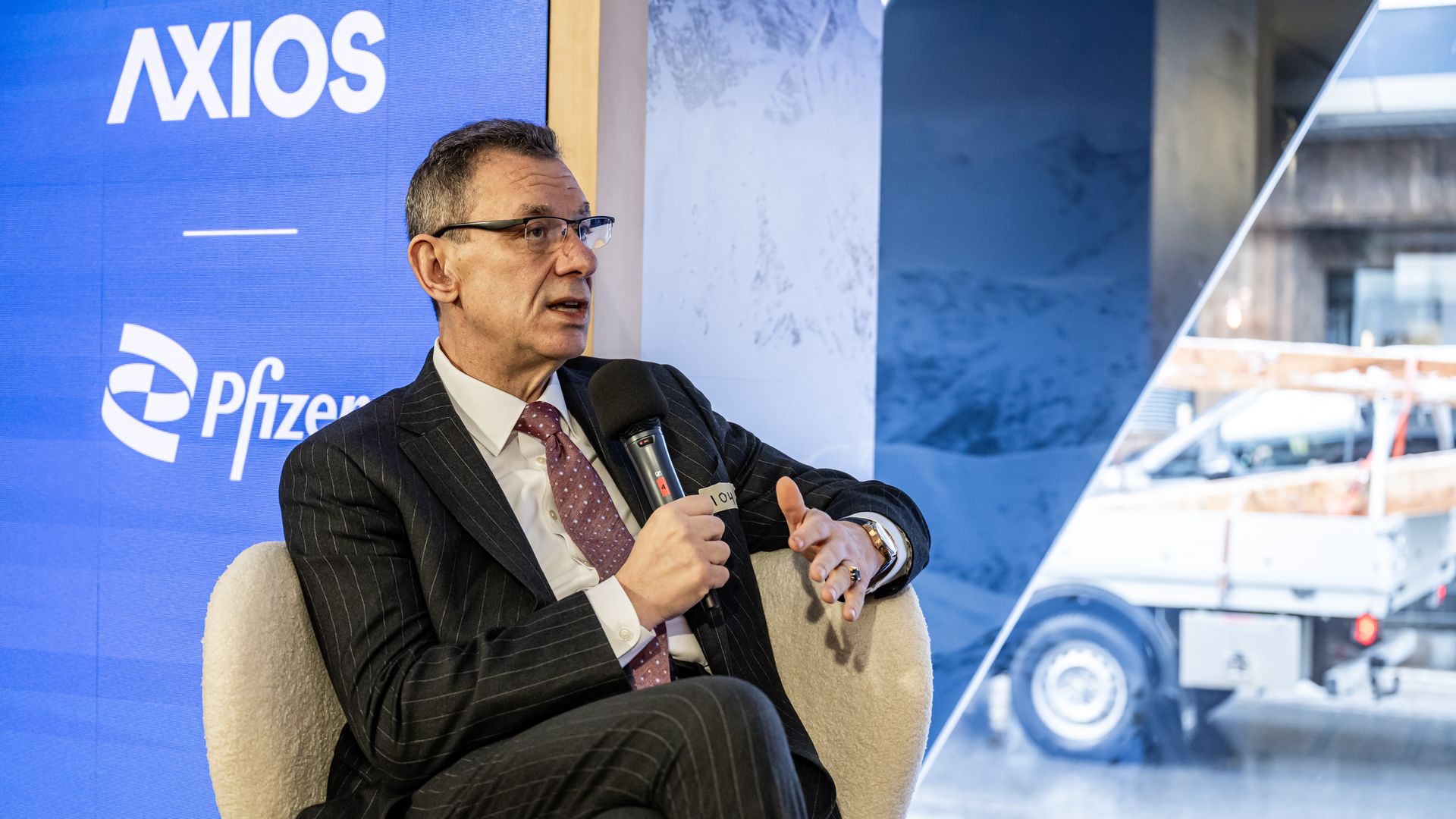 Pfizer CEO and Chairman Albert Bourla on the Axios stage during the VFTT segment. Credit: Dani Ammann Photography on behalf of Axios
