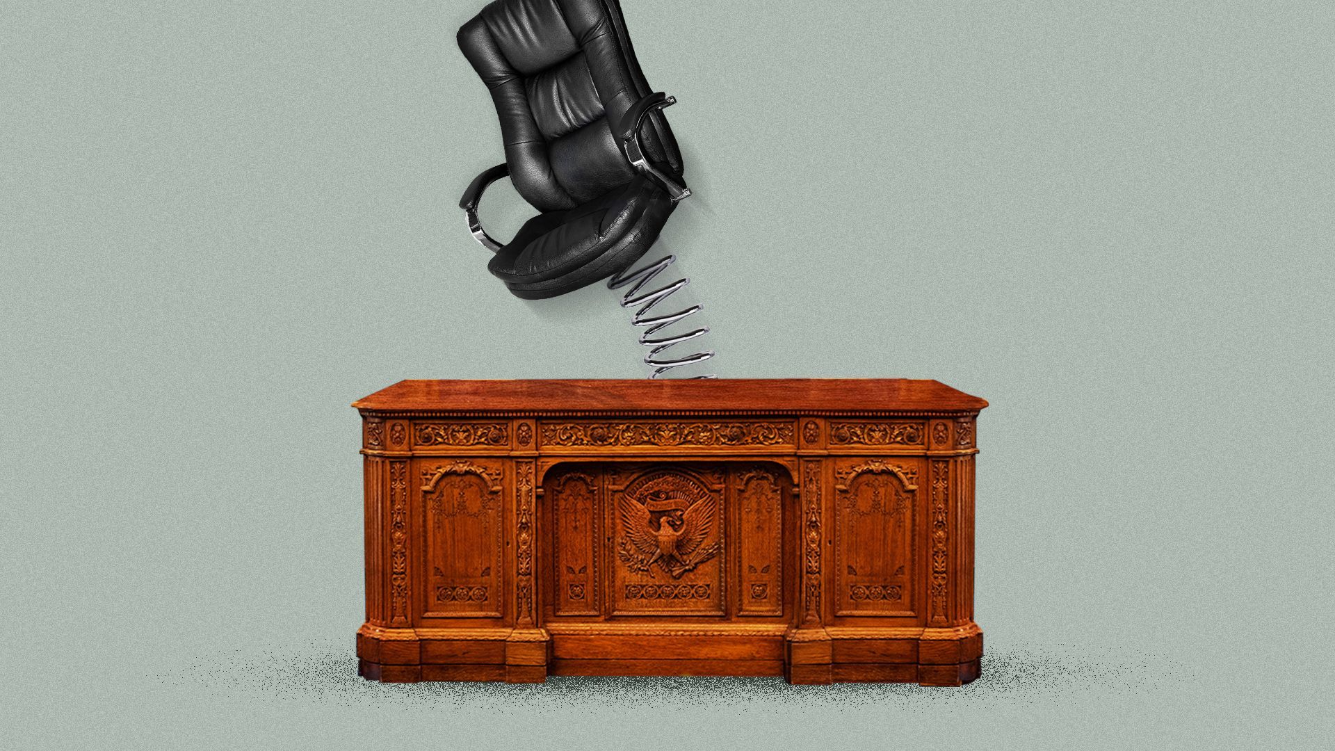 Illustration of an office chair being ejected from behind the Resolute Desk.