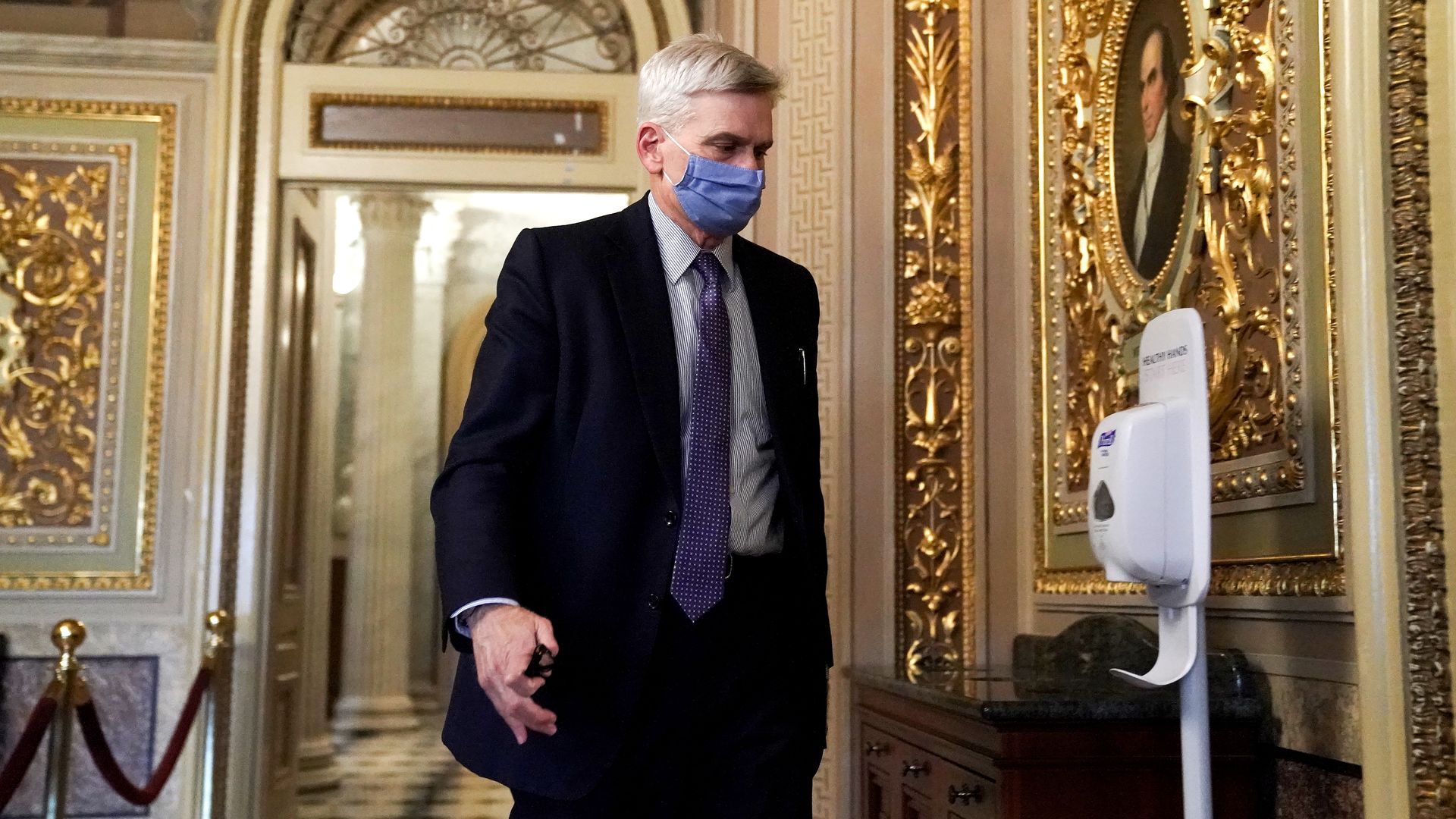 Sen. Bill Cassidy (R-LA.) is seen in the Senate Reception Room during the fifth day of the impeachment trial of former President Donald Trump on Capitol Hill on February 13