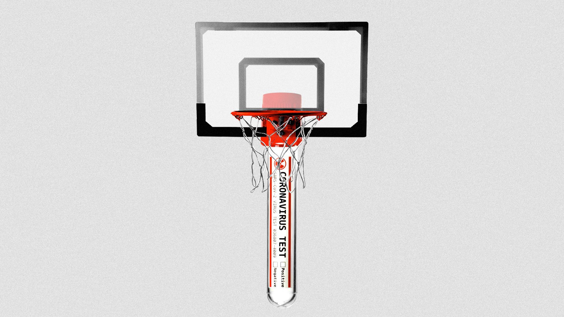 Illustration of a coronavirus test tube as the base pole of a basketball net