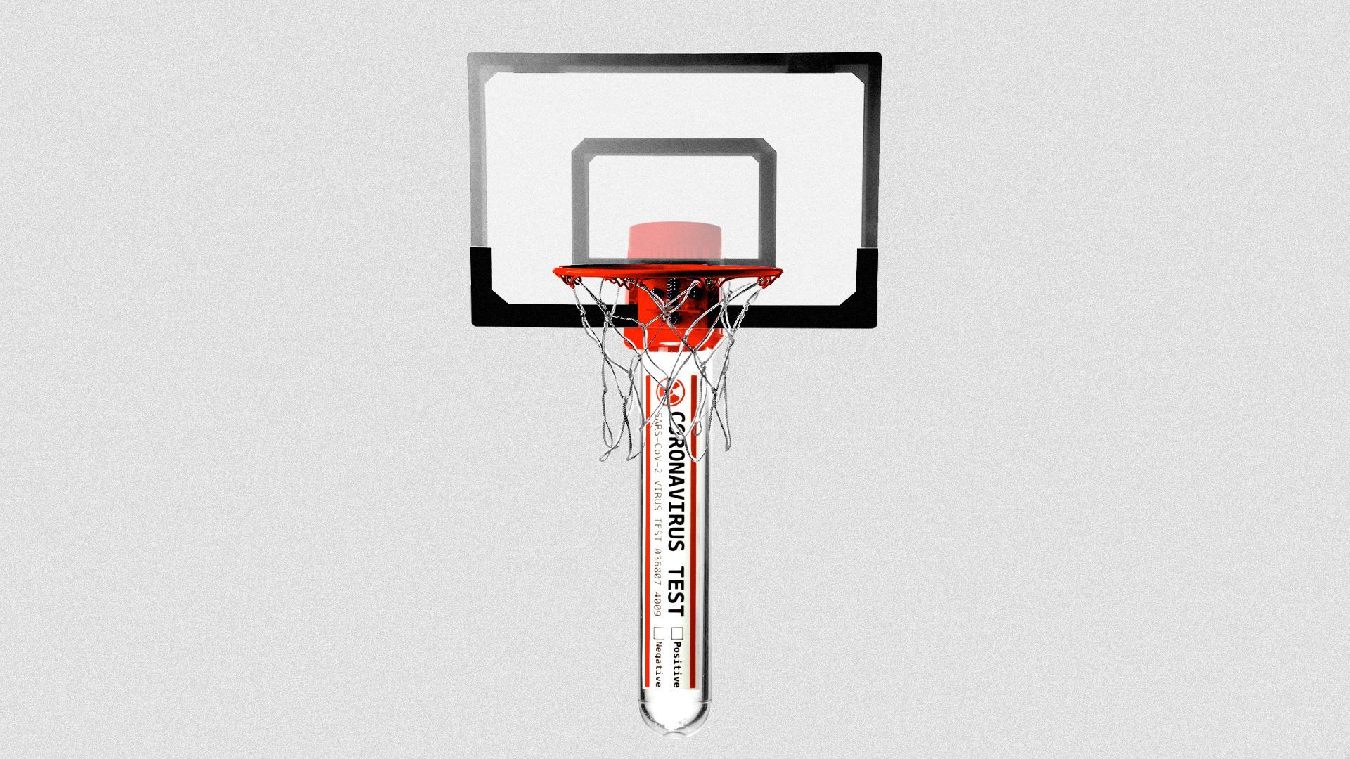 Illustration of a coronavirus test tube as the base pole of a basketball net