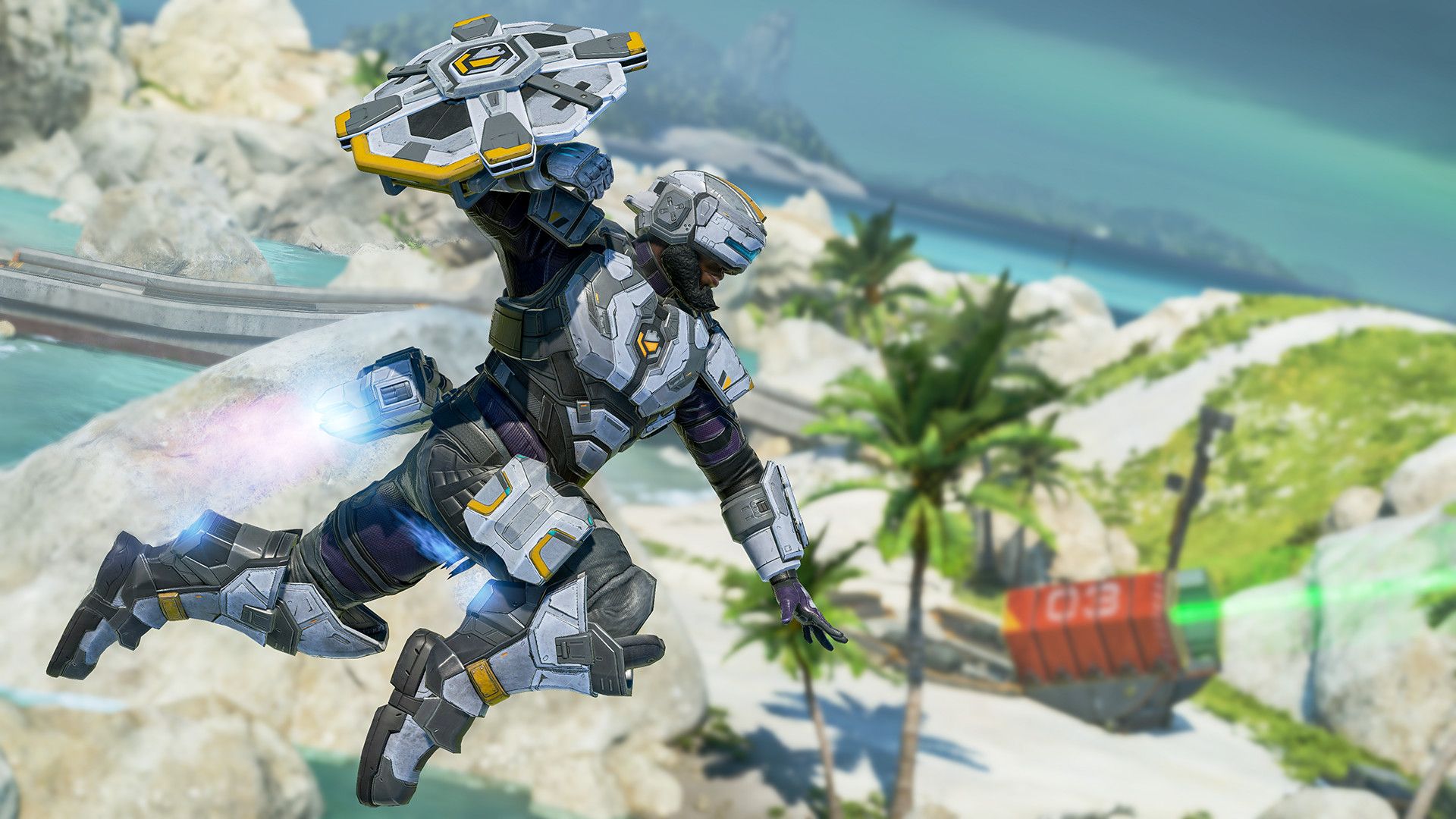 Video game screenshot of a man in gray armor flying over a beach