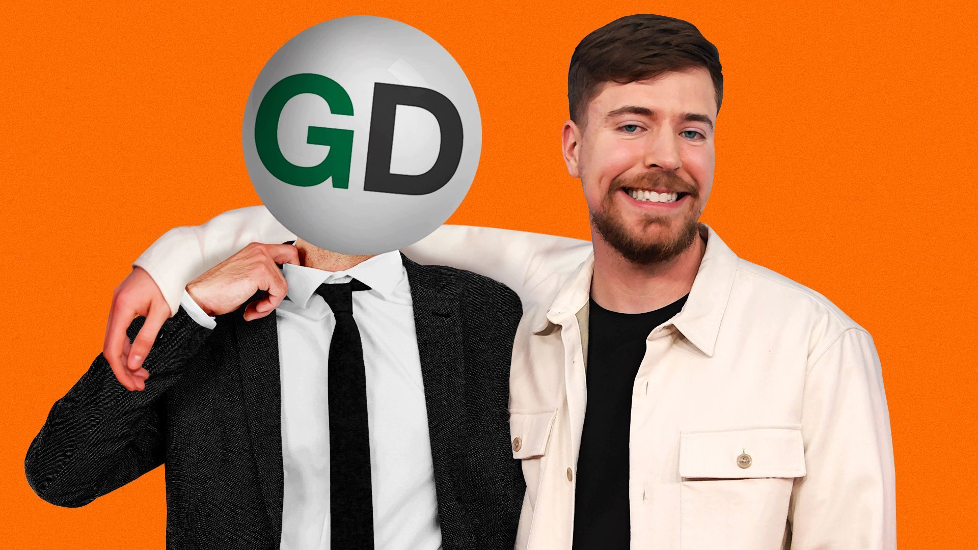 Photo illustration of Mr. Beast with his arm around a visibly uncomfortable person who has the GiveDirectly logo as their head. 