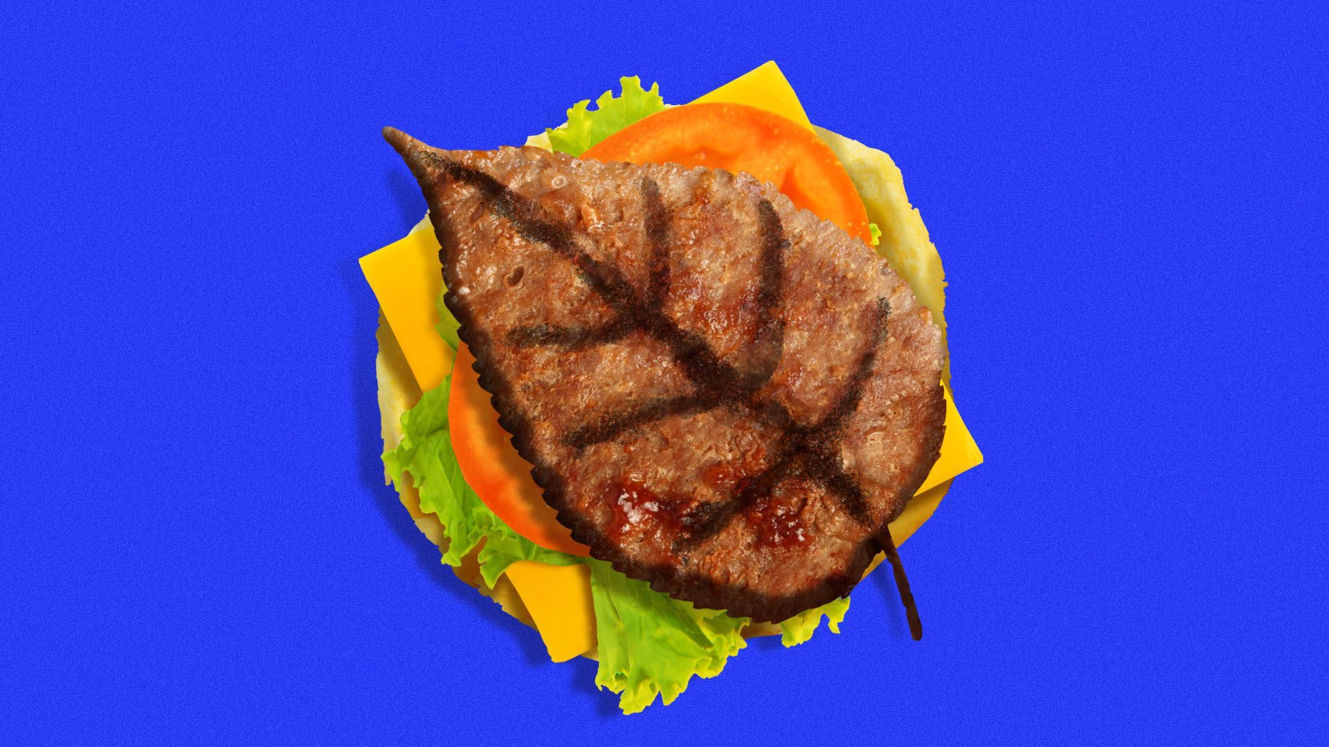 Illustration of a cheeseburger with a patty shaped like a plant