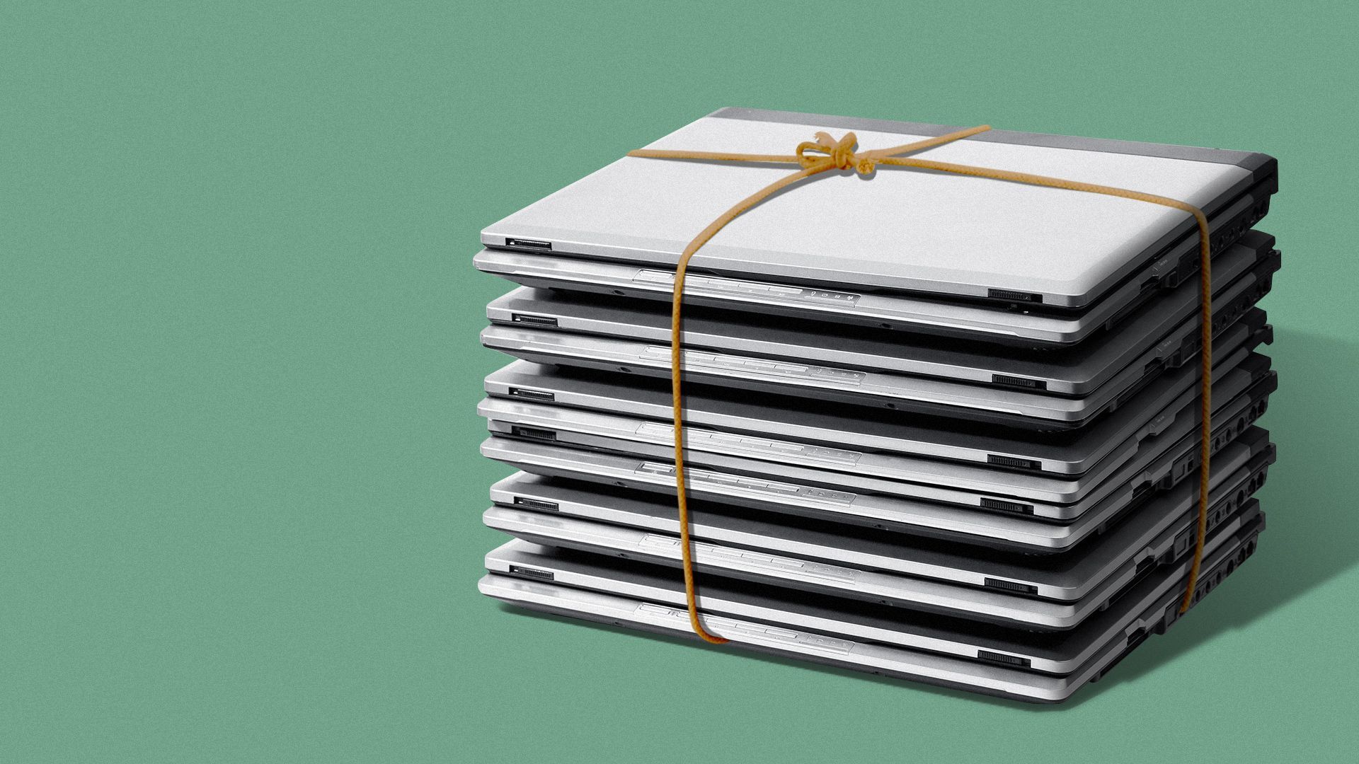 Illustration of a stack of laptops tied together with twine mimicking a stack of newspapers. 