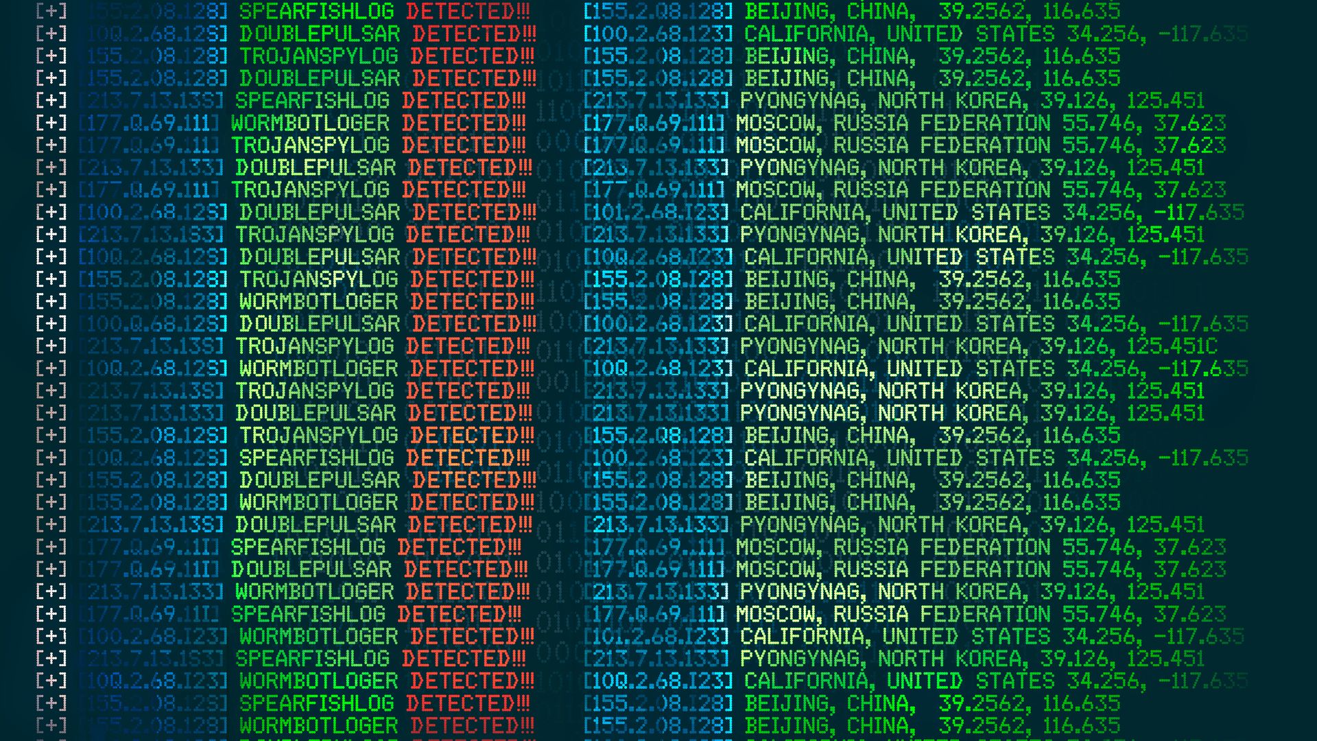 In this image, several large strings of multi-colored code take up an entire computer screen. 