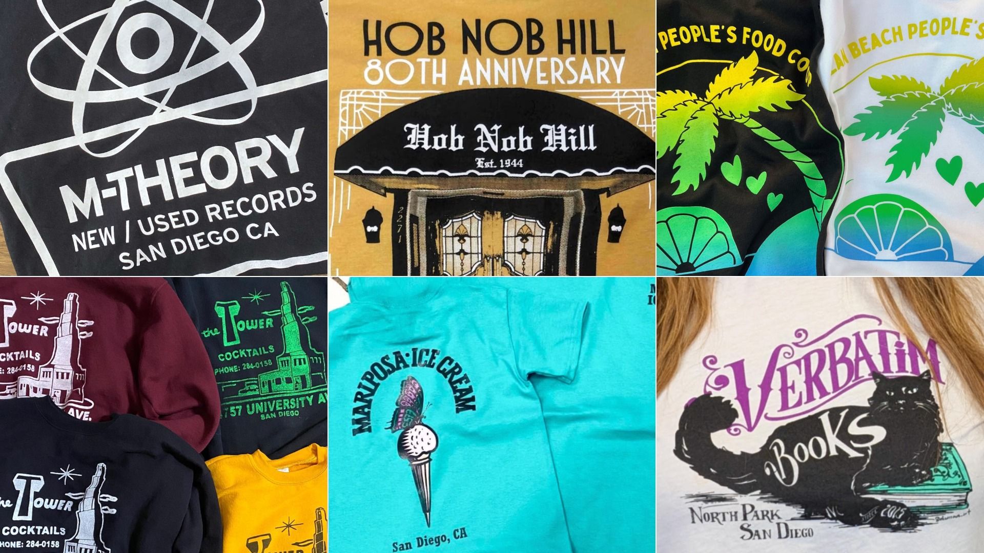 Collage of colorful graphic T-shirts with prints like "M-THEORY Records" (San Diego), "Hob Nob Hill 80th Anniversary", palm/beach art, "The Tower Cocktails", ice cream, and "Verbatim Books".