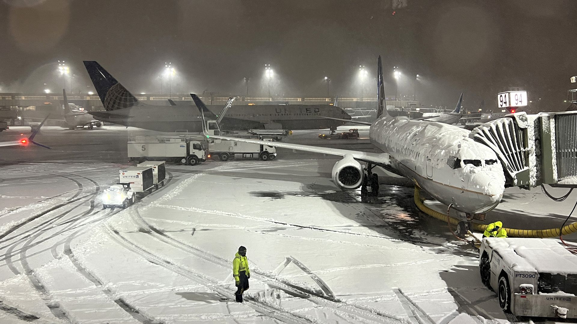  Airplane runway covered with snow at Newark Liberty International Airport on January 7, 2022 in New Jersey, United States as massive snow storm hits the east coast.