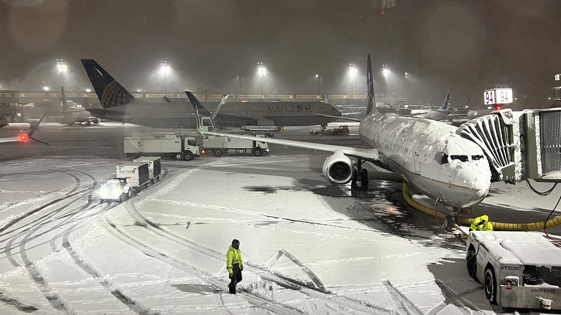 Airplane runway covered with snow at Newark Liberty International Airport on January 7, 2022 in New Jersey, United States as massive snow storm hits the east coast.