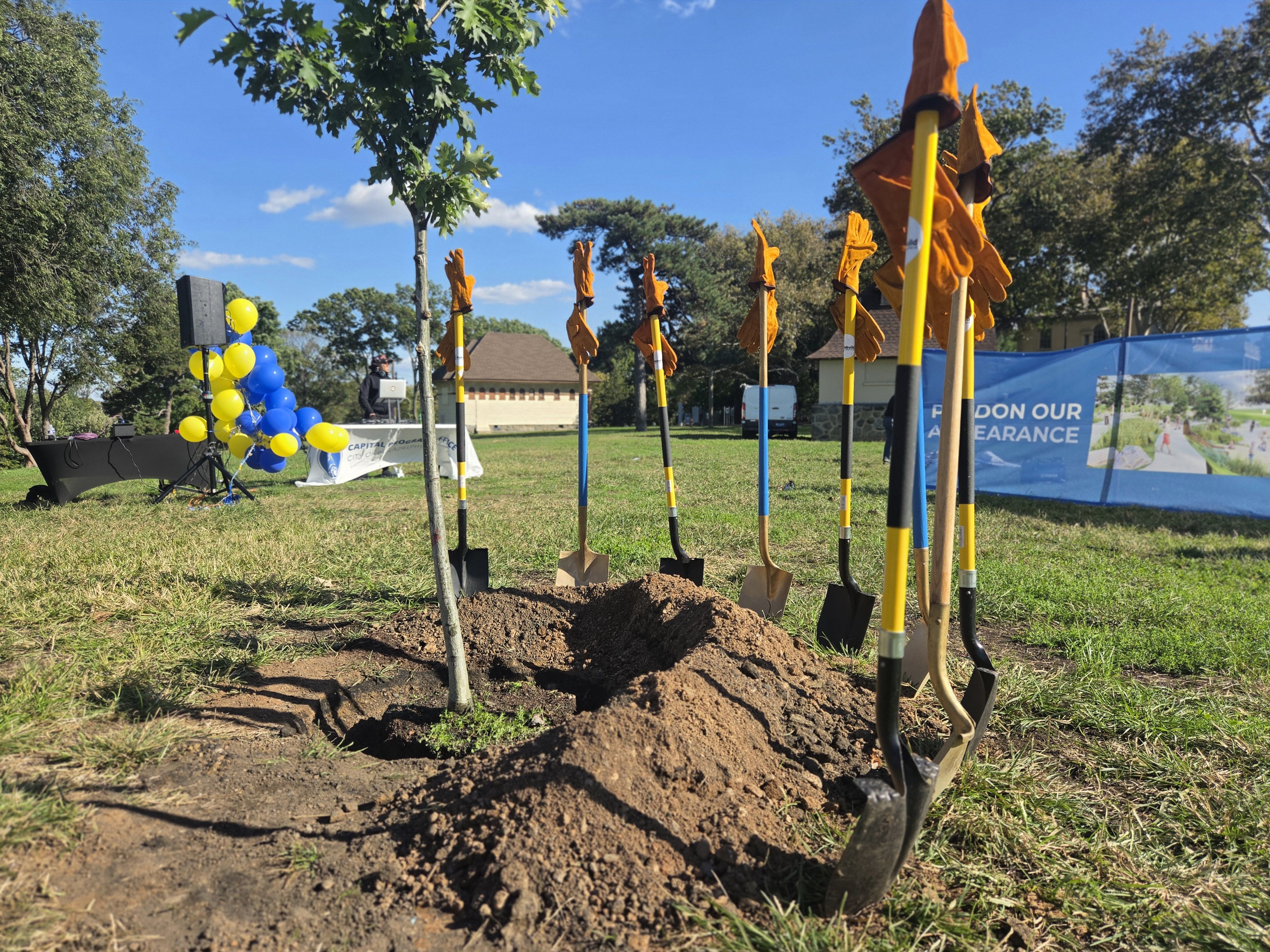 Sunny park scene with a row of shovels topped with orange gloves planted in a dirt mound for a groundbreaking ceremony; blue and yellow balloons cluster near a speaker and a banner in the background.