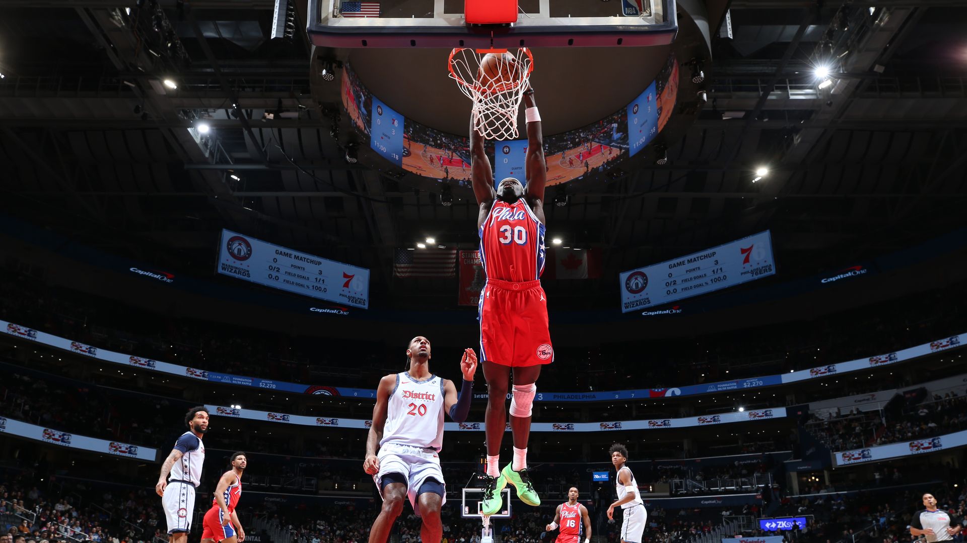 The Sixers' Adem Bona dunks against the Washington Wizards.