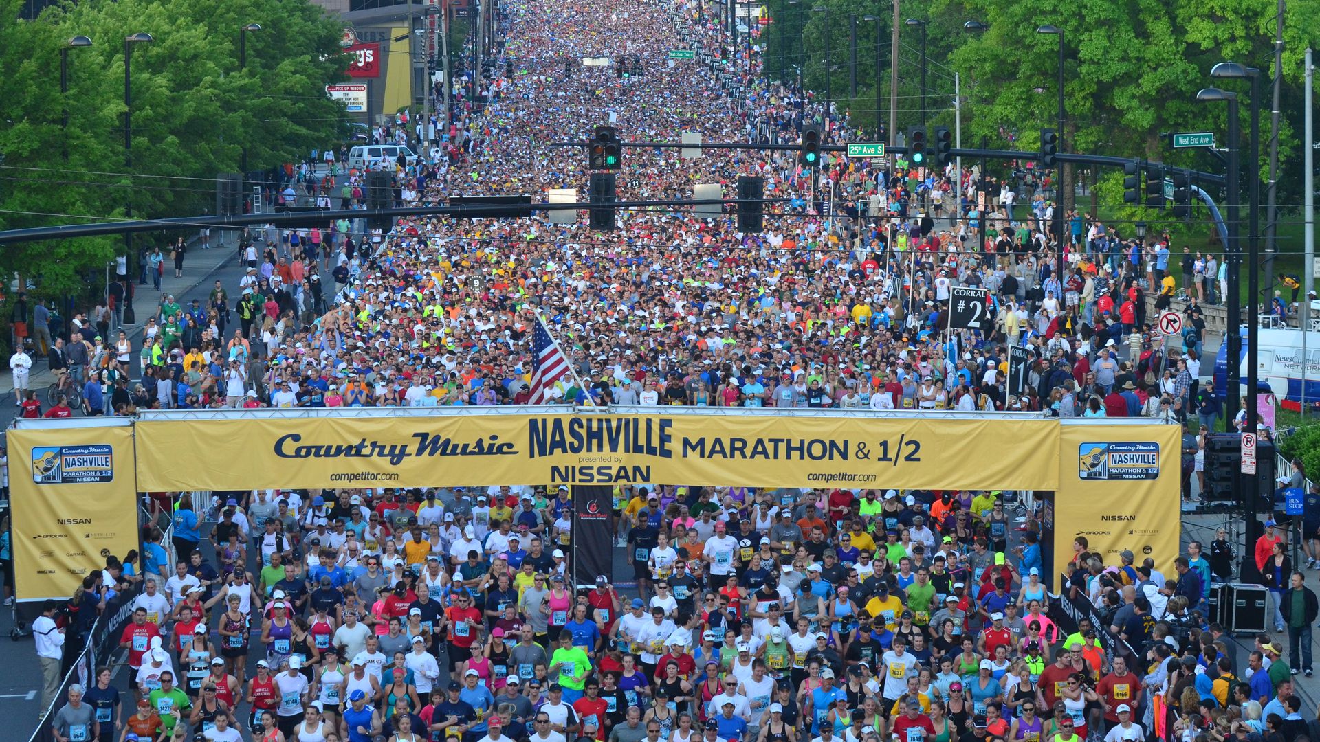Thousands of runners fill the streets of Nashville for a marathon.