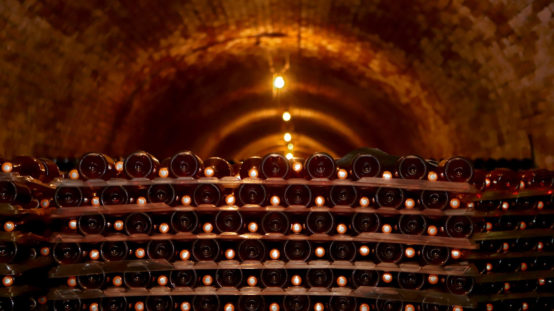Bottles of wine stacked in a cellar