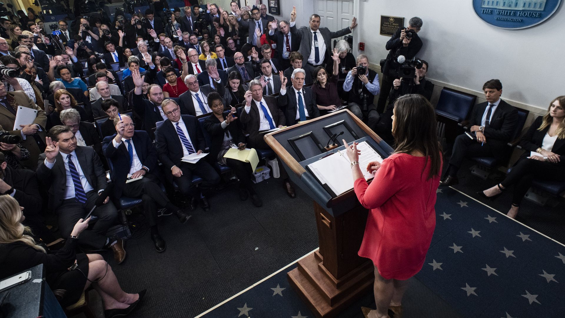 Former press secretary Sarah Huckabee Sanders holds a briefing at the White House. 